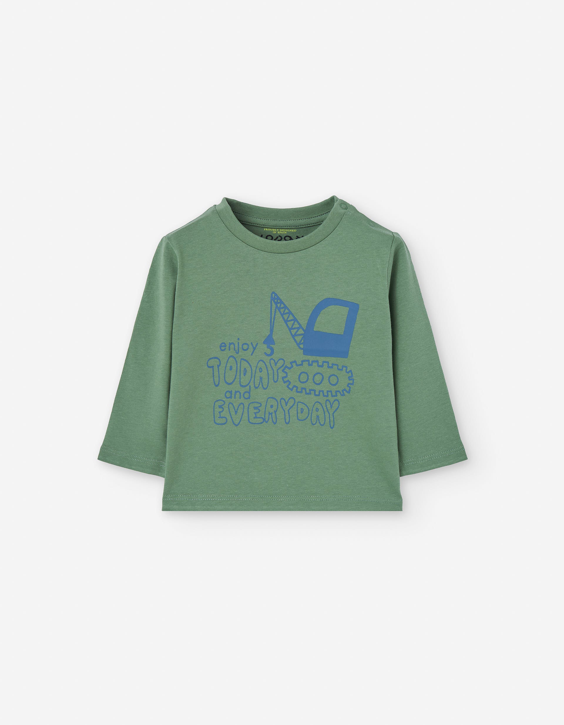 Long sleeve cotton T-shirt with excavator print for baby boys, green/blue