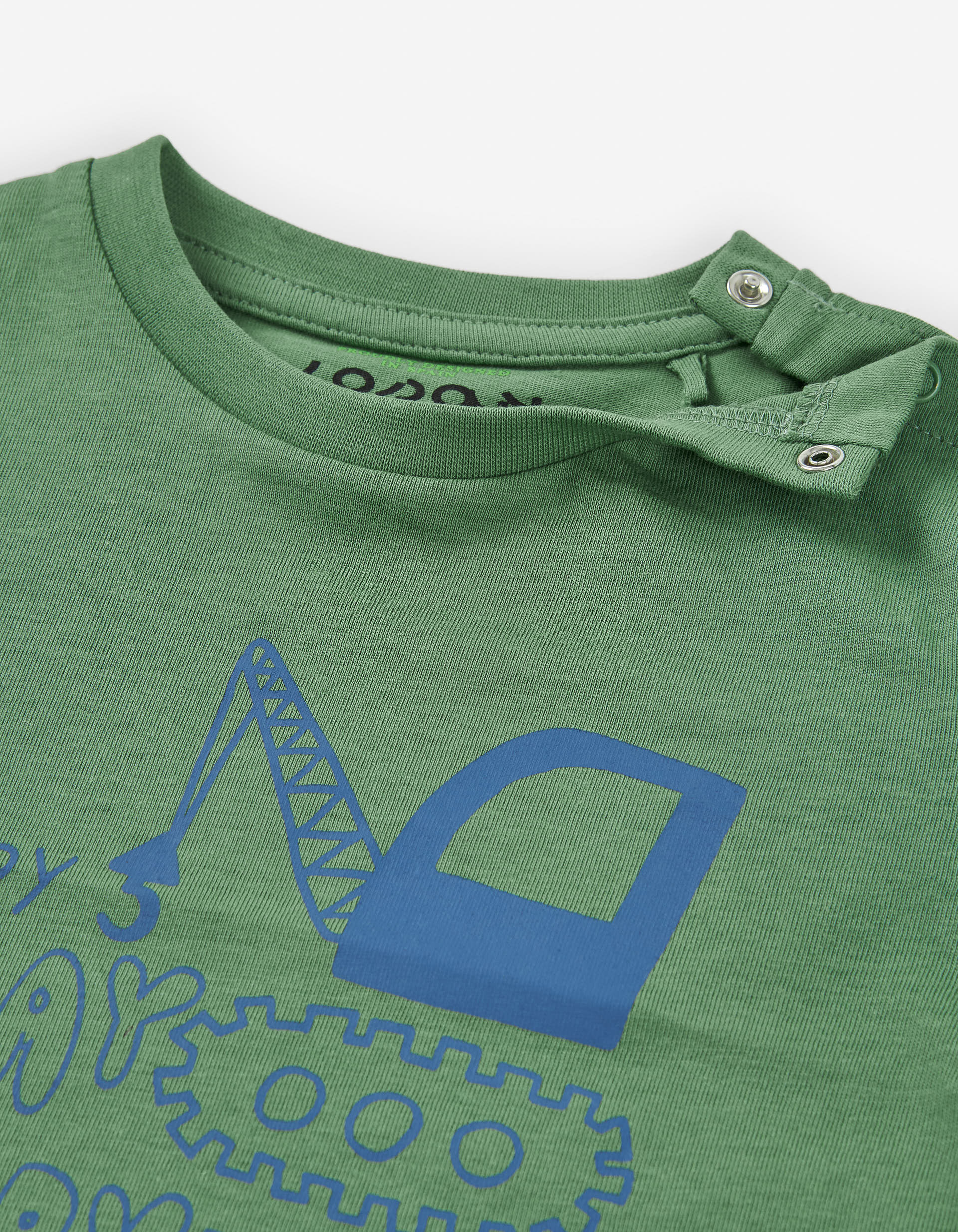 Long sleeve cotton T-shirt with excavator print for baby boys, green/blue
