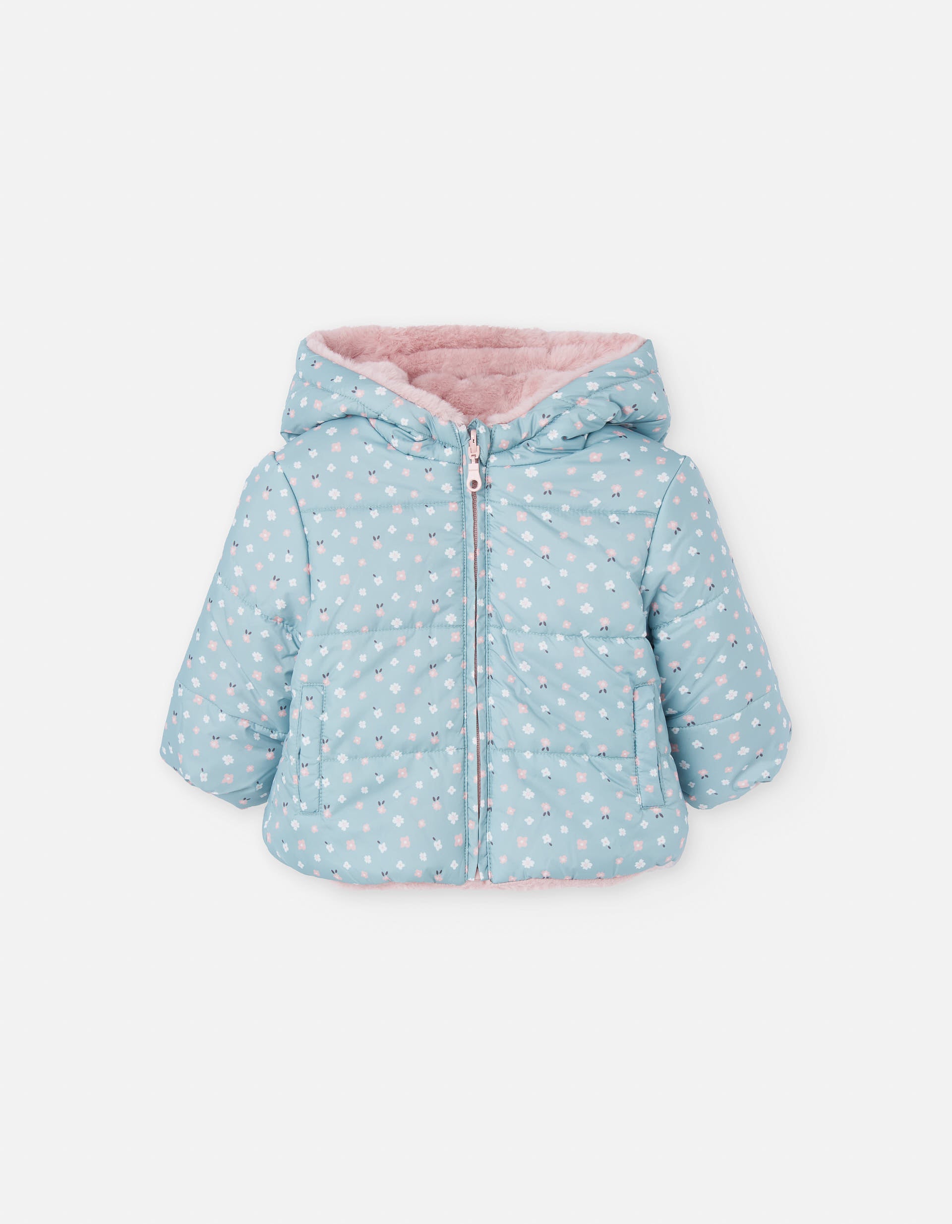 Reversible quilted jacket with hood for baby girls, blue/pink
