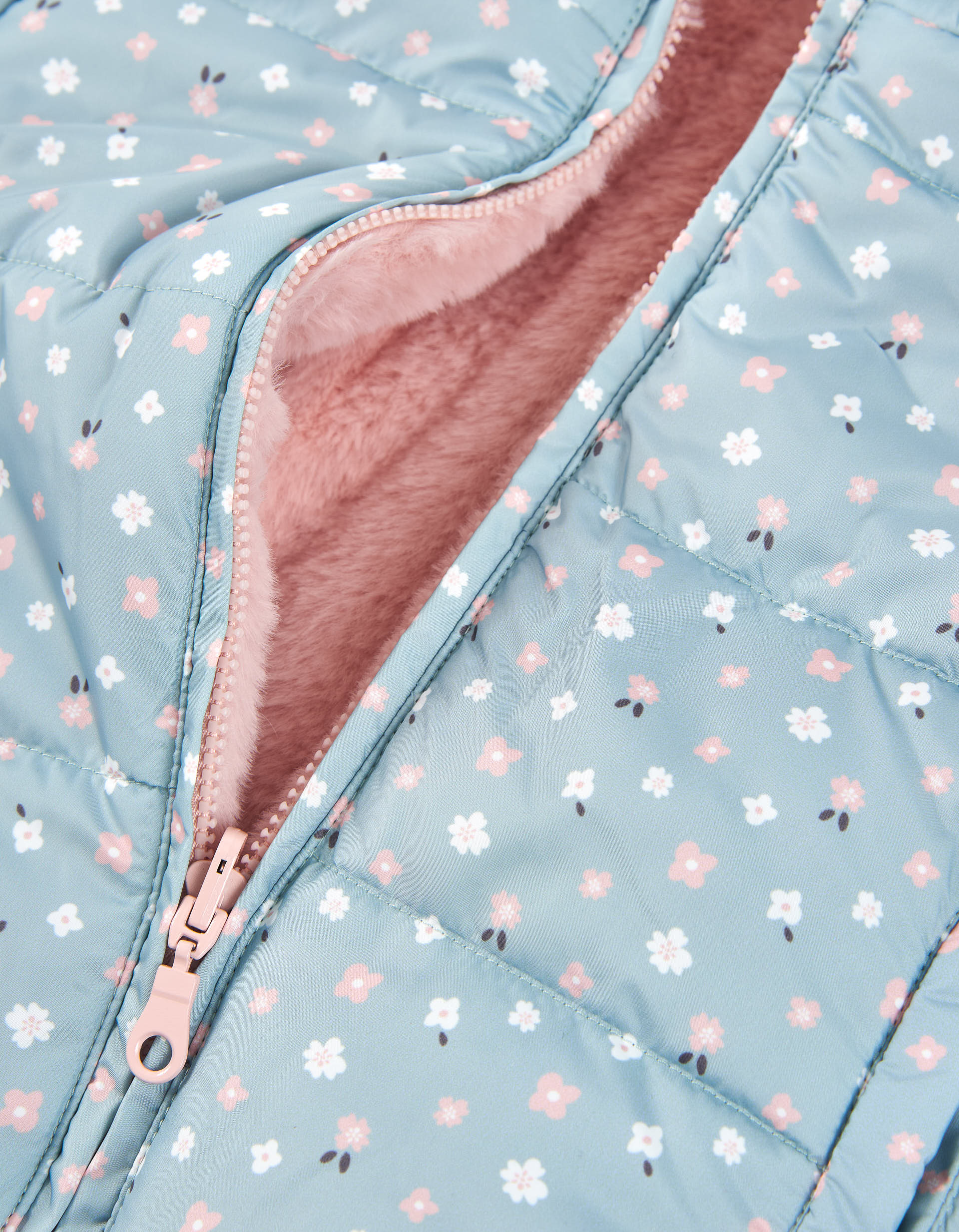 Reversible quilted jacket with hood for baby girls, blue/pink