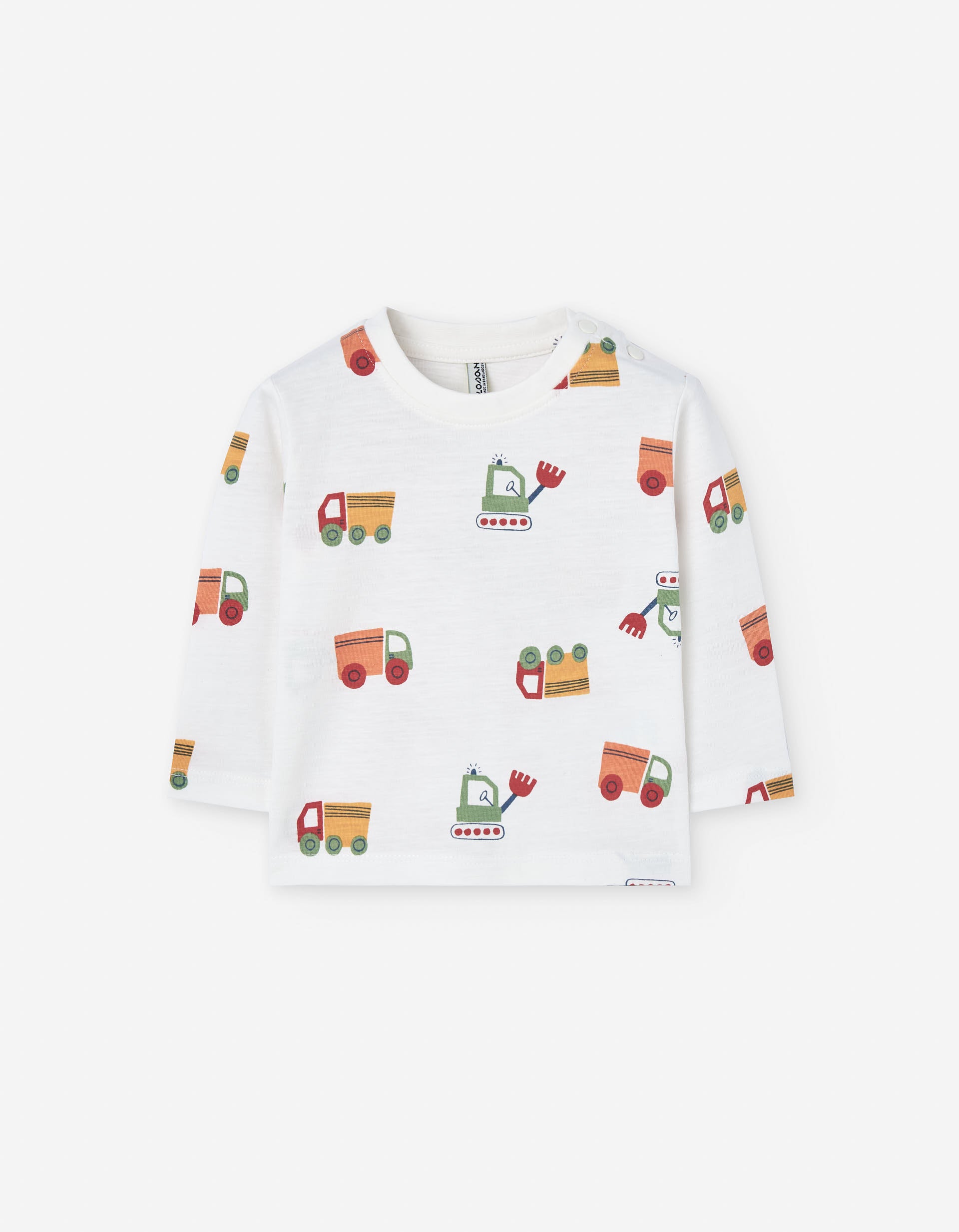 Long sleeve slub cotton T-shirt with vehicles print for baby boys, white