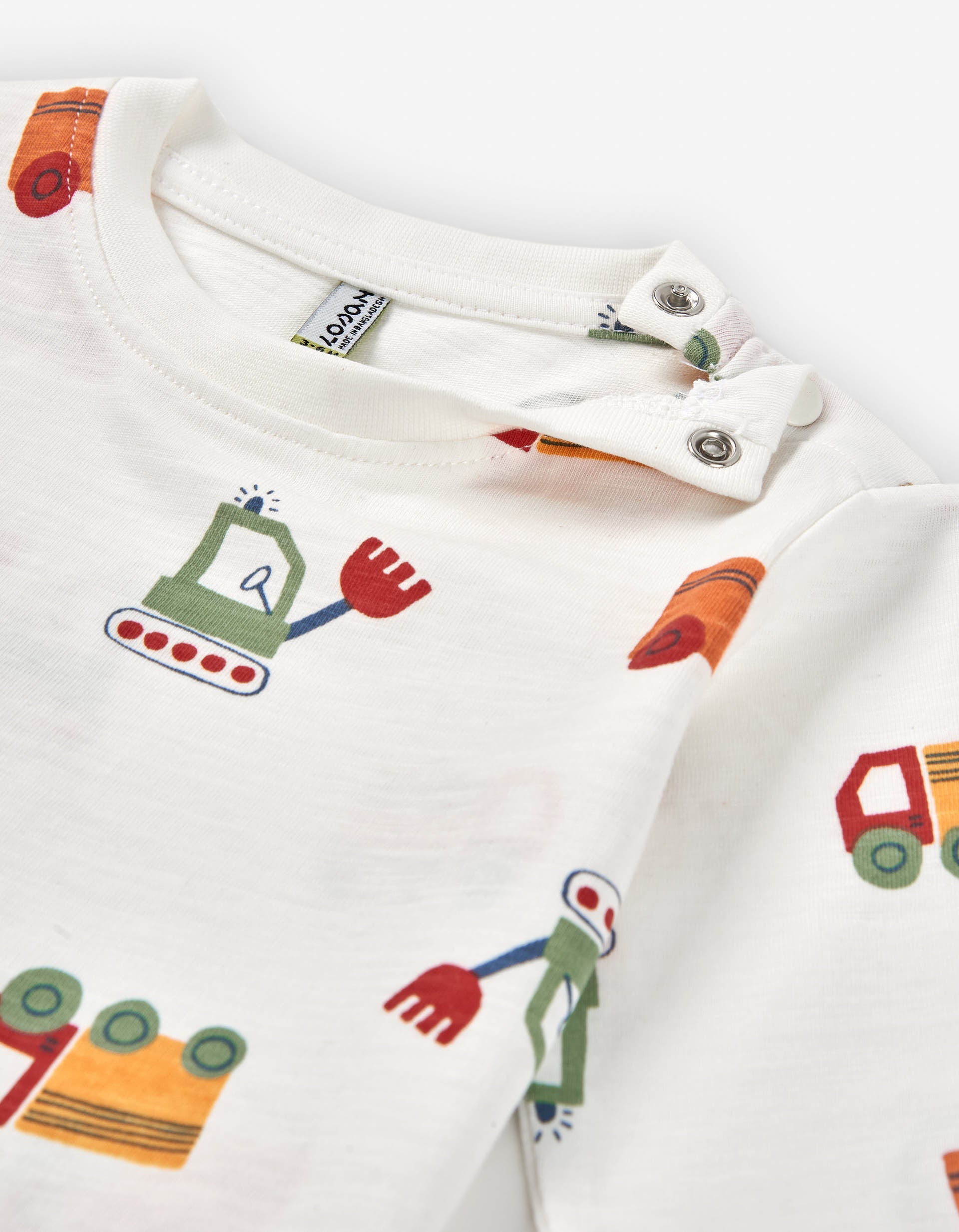 Long sleeve slub cotton T-shirt with vehicles print for baby boys, white