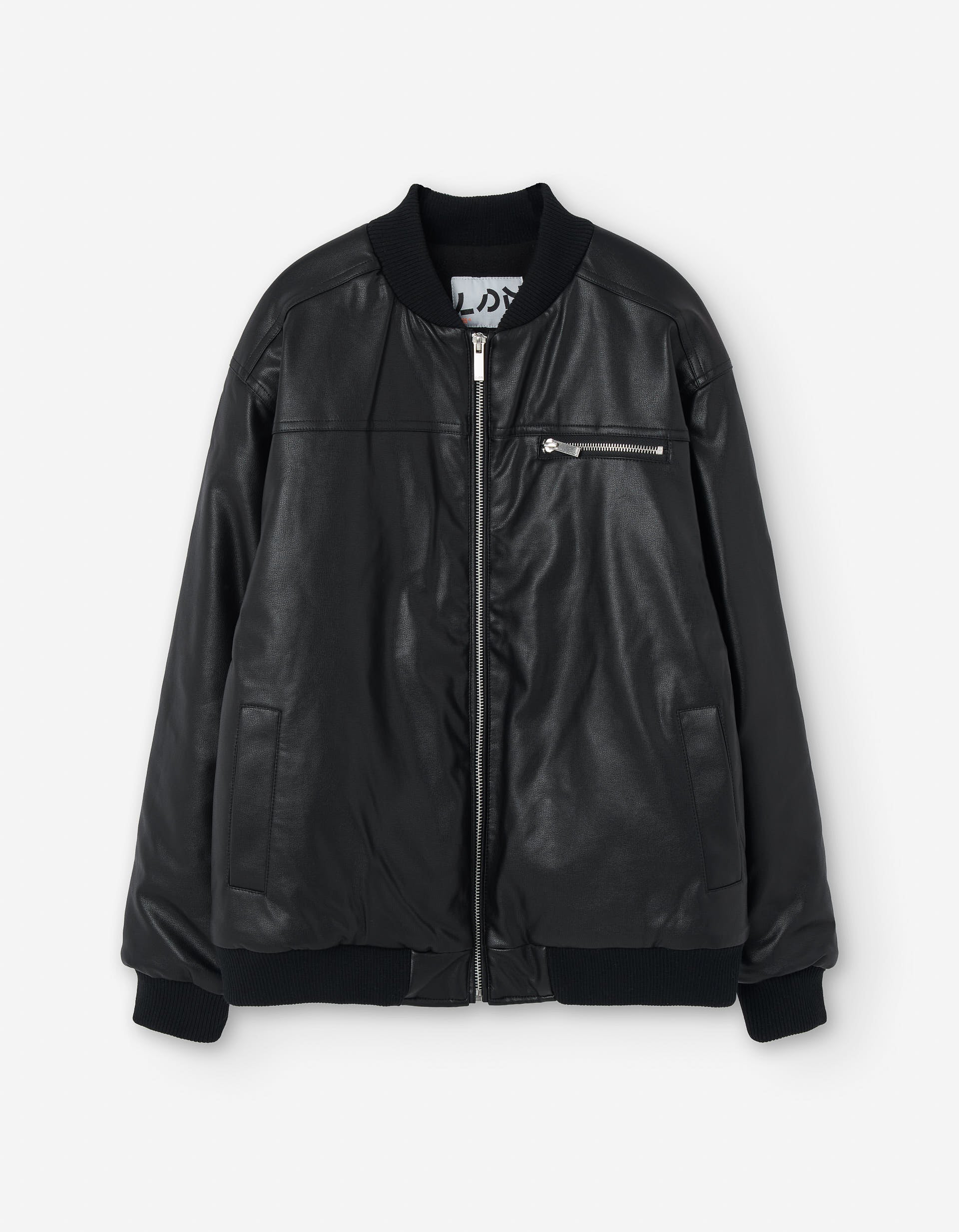 Synthetic leather bomber jacket with fleece lining for boys, black