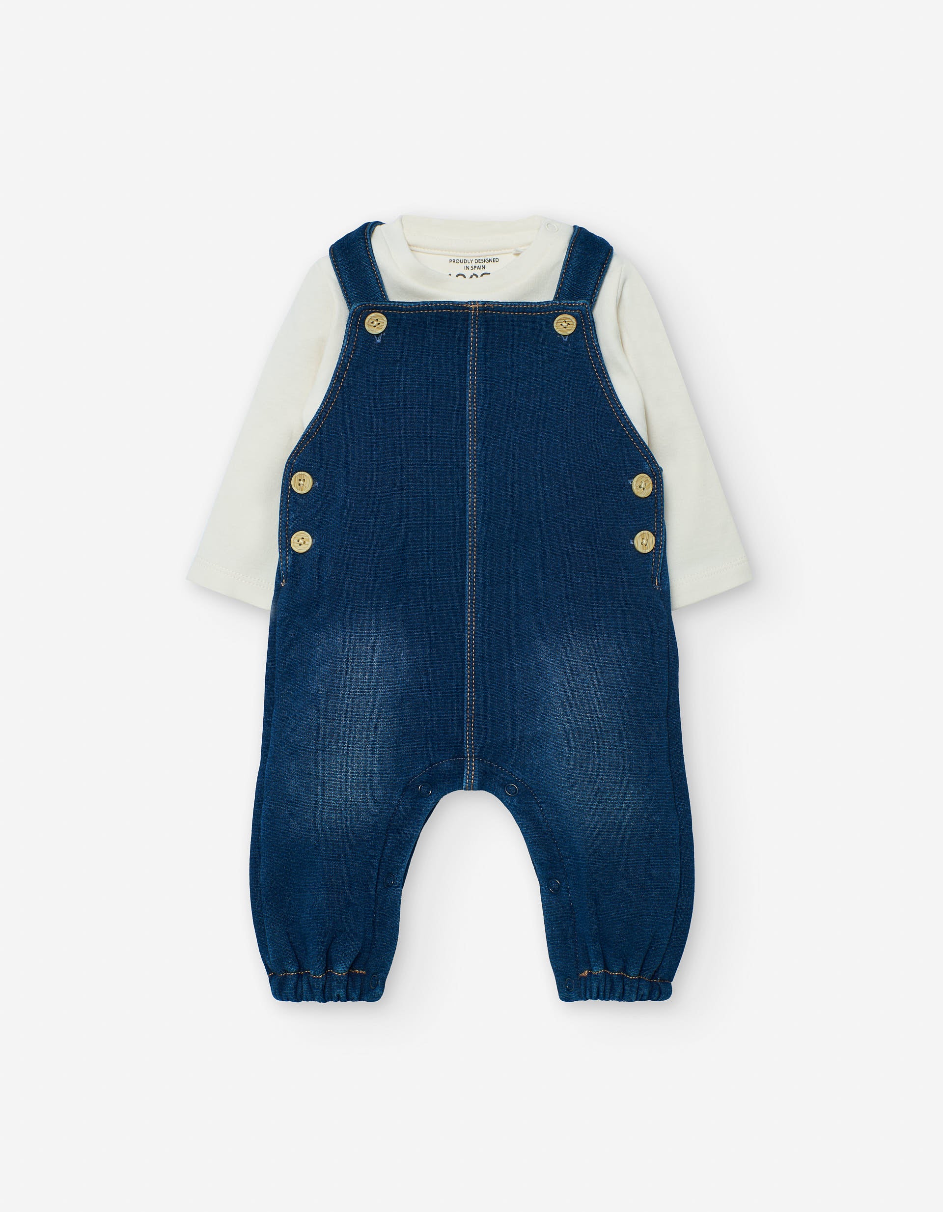 Brushed T-shirt + denim dungarees for newborn boys, white/blue
