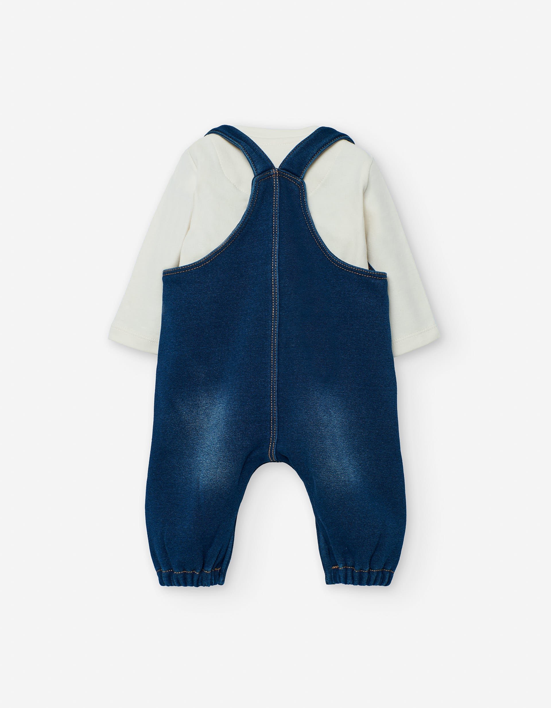 Brushed T-shirt + denim dungarees for newborn boys, white/blue