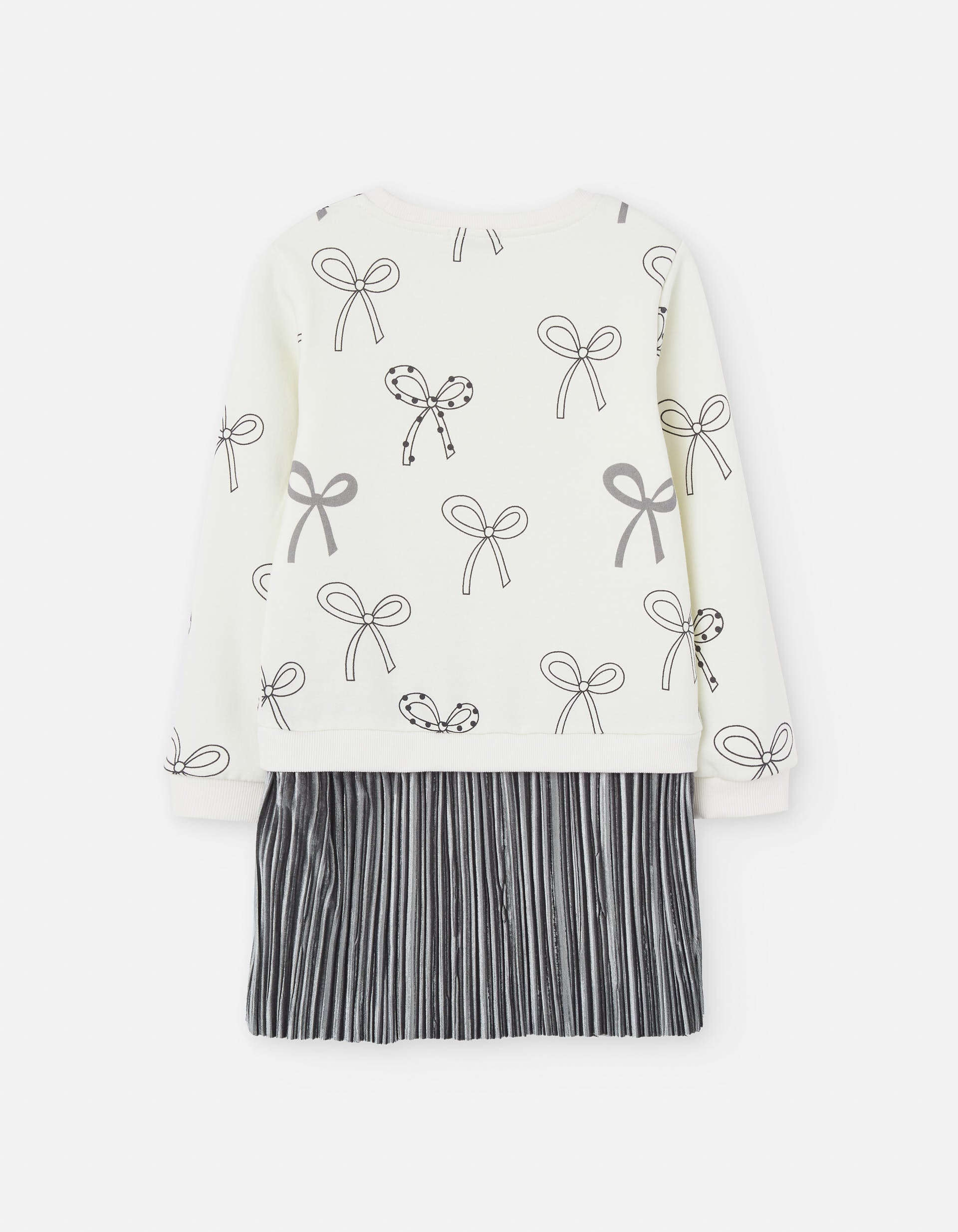 Dual-fabric dress with bow motif for girls, white/silver