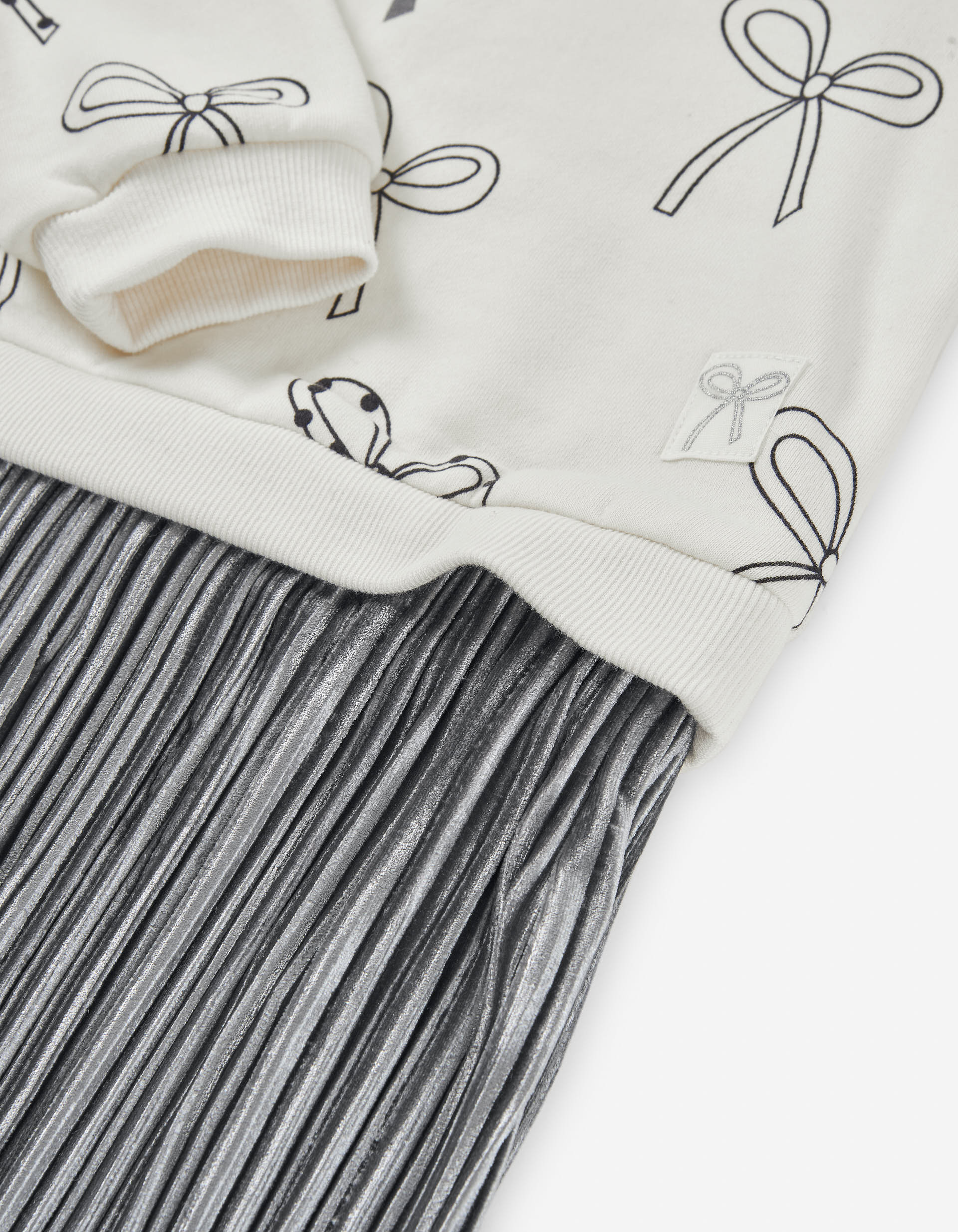 Dual-fabric dress with bow motif for girls, white/silver