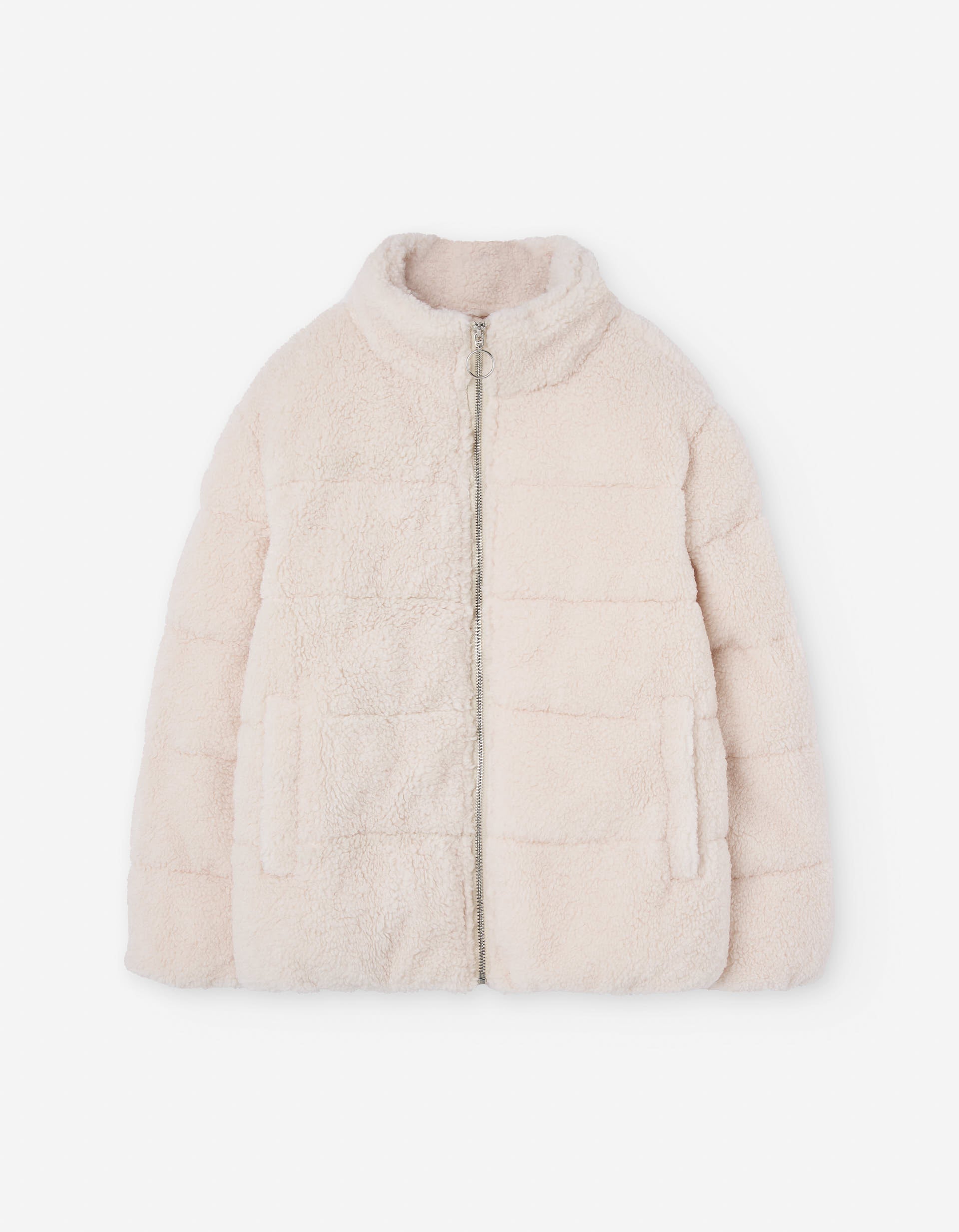 Puffer jacket in synthetic sherpa with pockets for girls, light beige