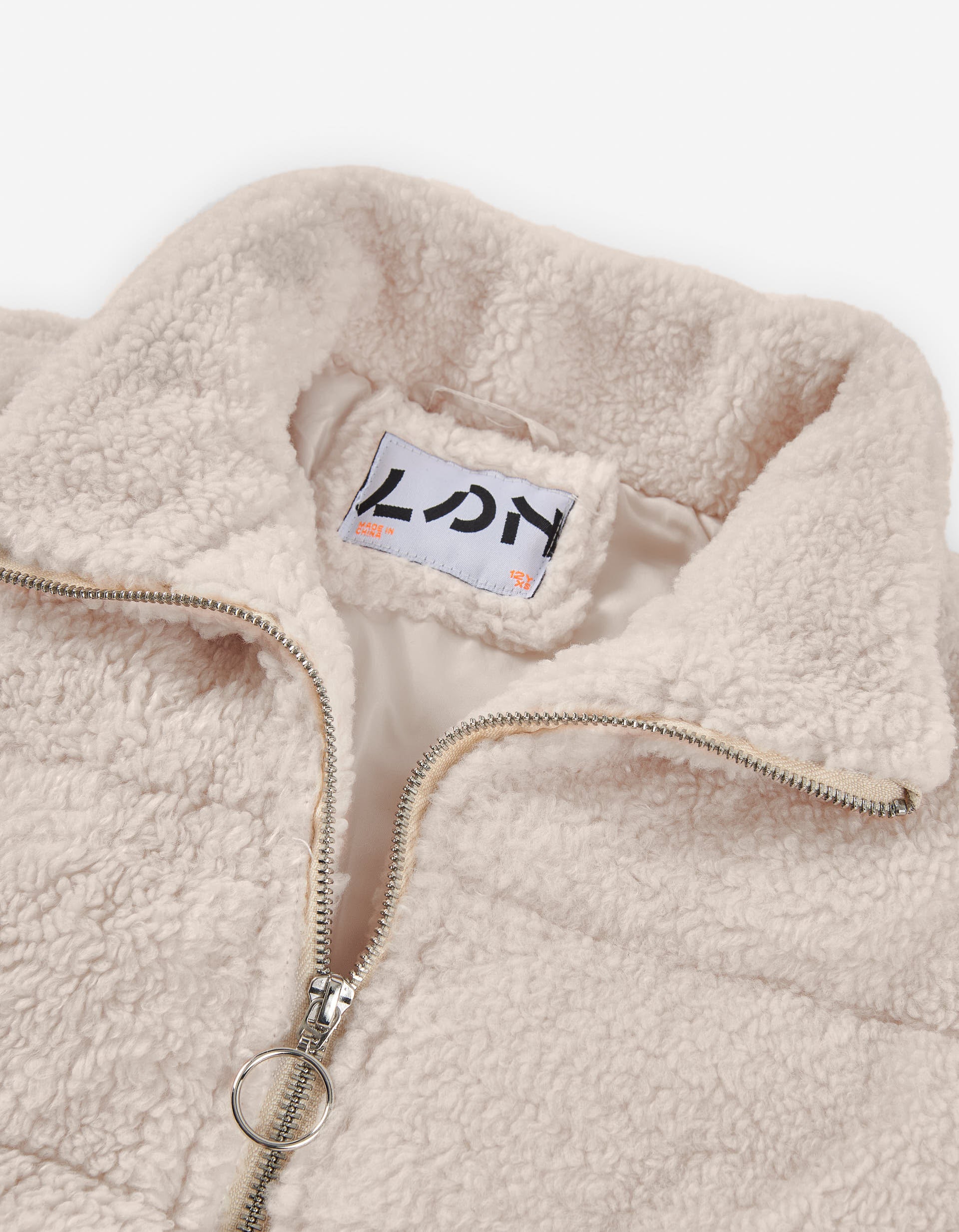 Puffer jacket in synthetic sherpa with pockets for girls, light beige