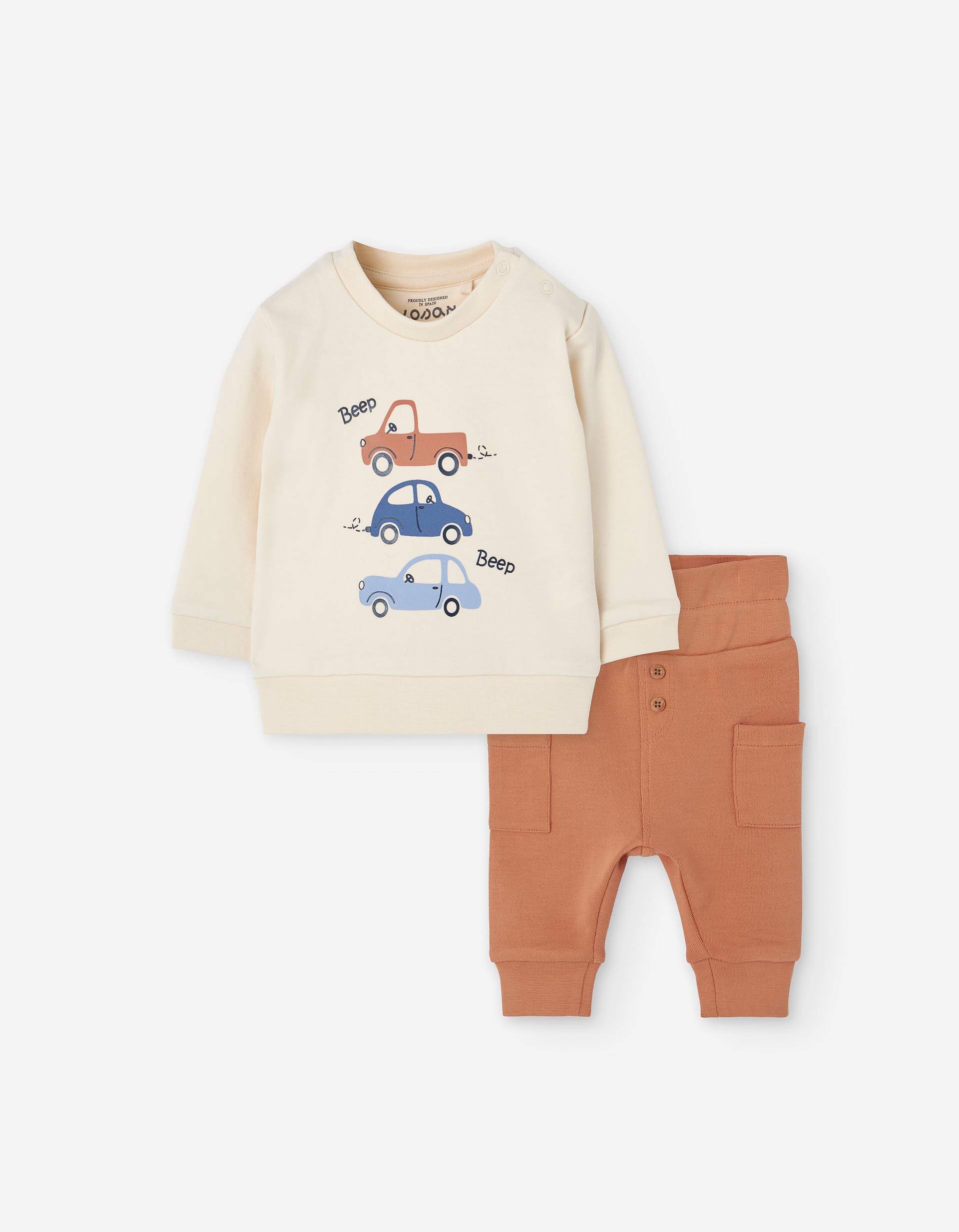 Cotton sweatshirt + cargo trousers for newborn boys, beige/orange