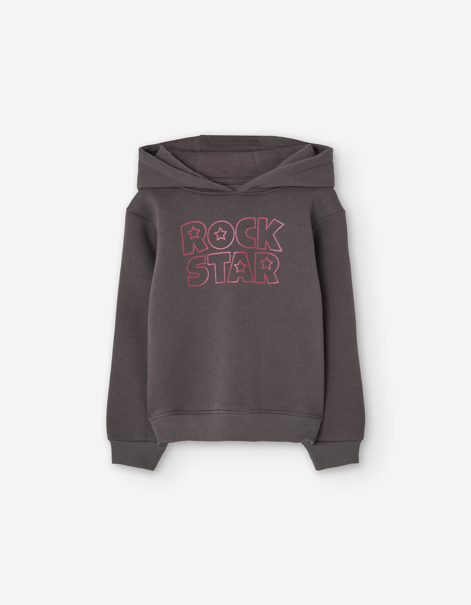 Cotton hooded sweatshirt with 'rock star' print for girls, dark grey
