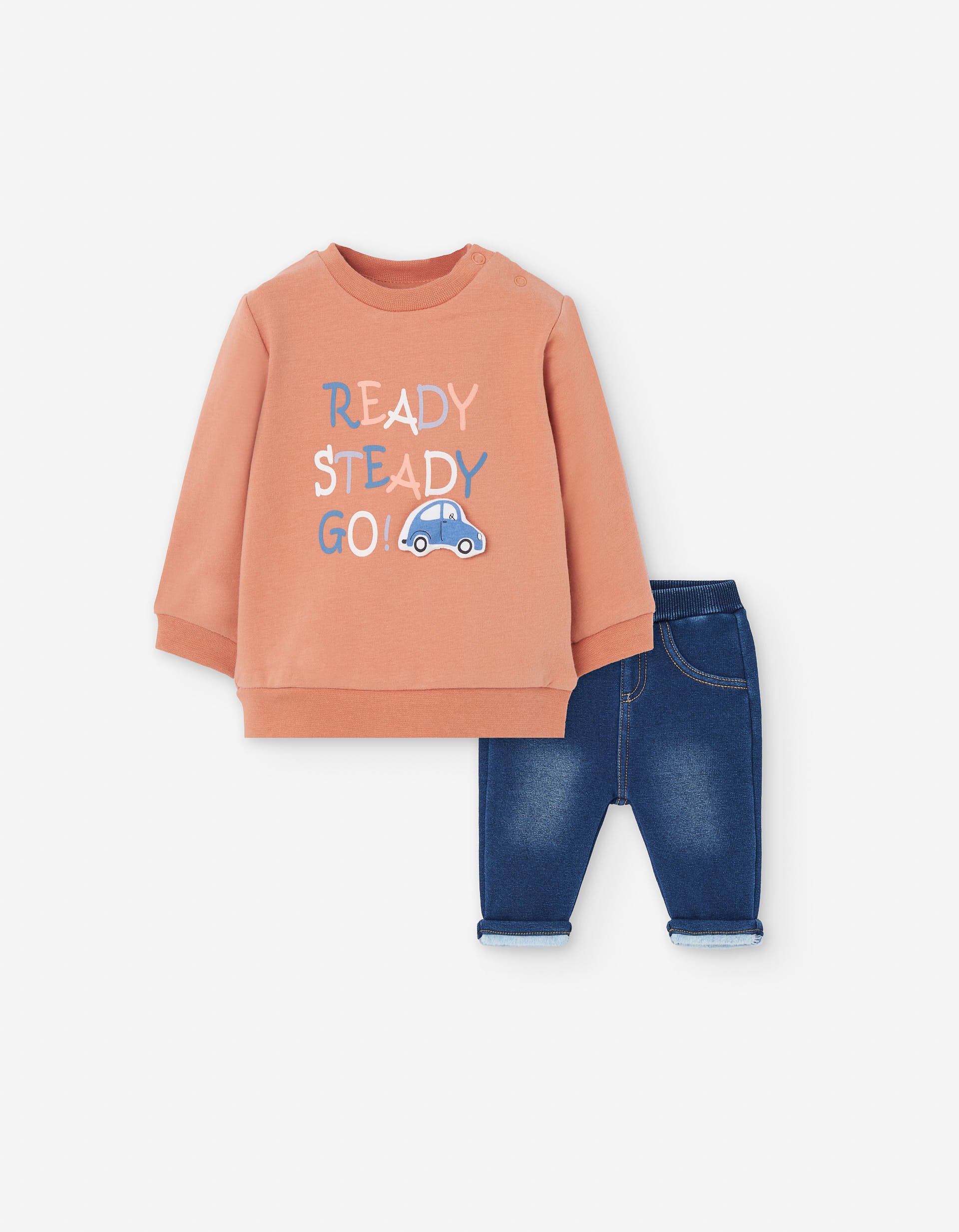 Brushed sweatshirt + jeans for newborn boys, orange/blue