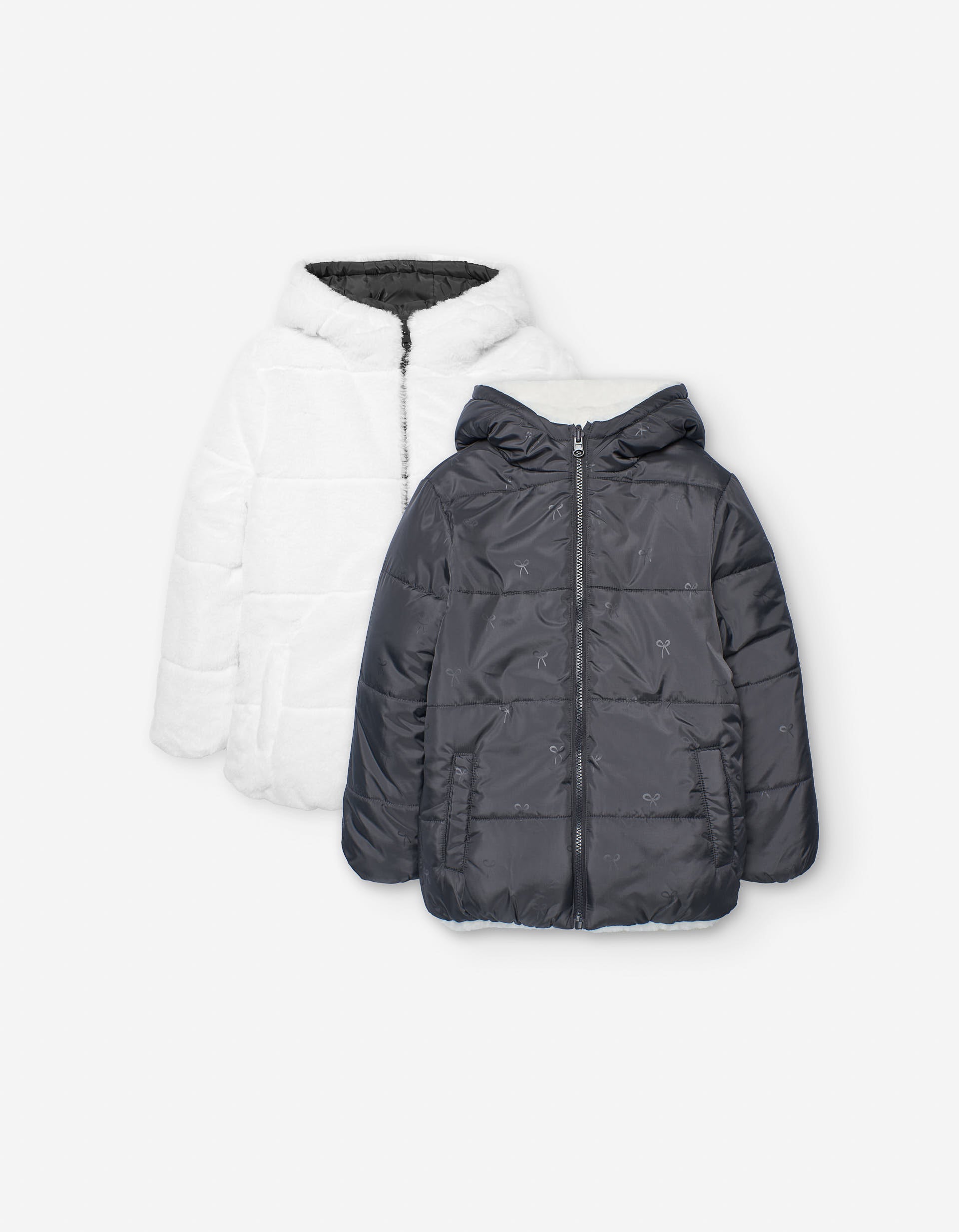 Reversible quilted jacket with hood for girls, black/white