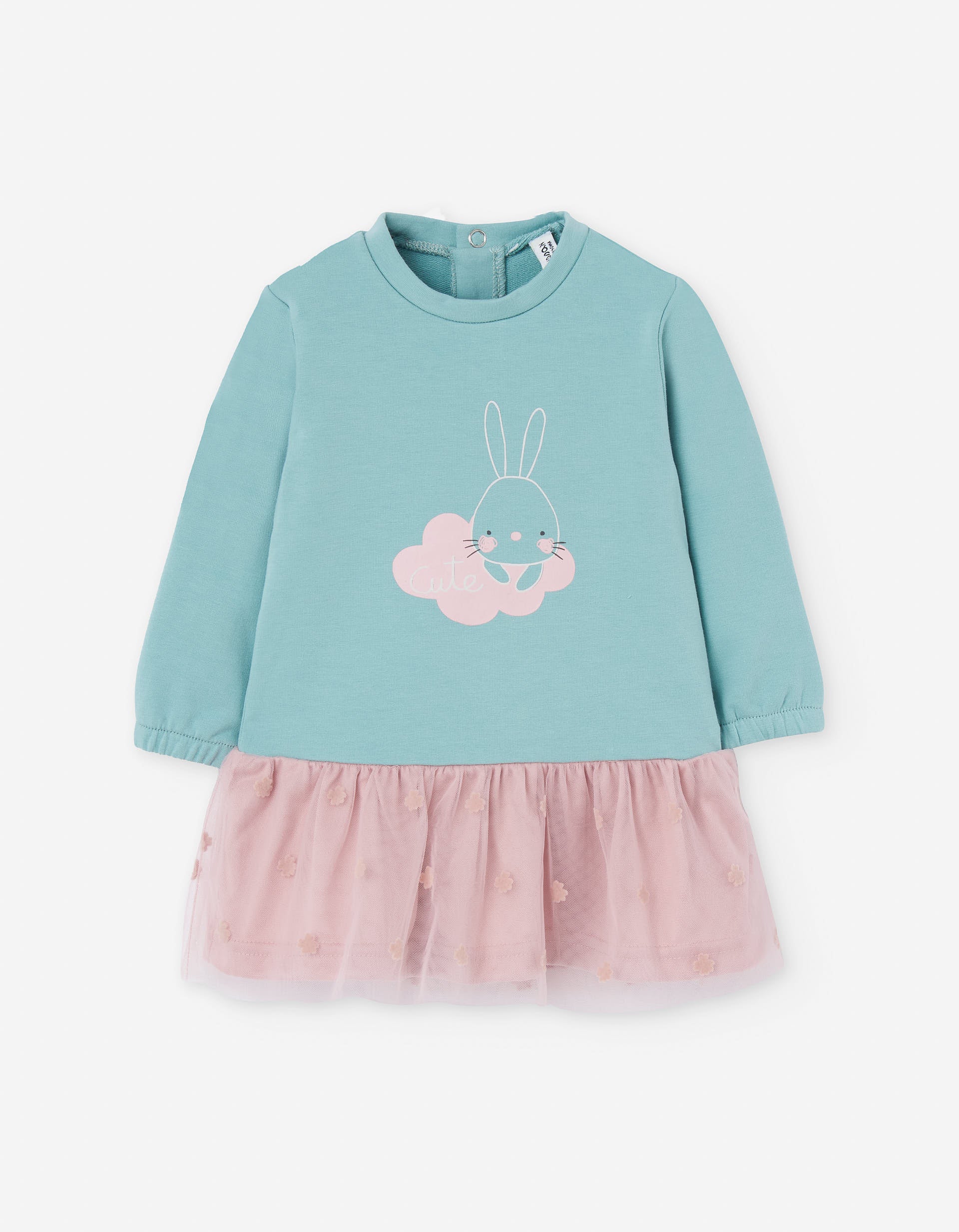 Dual-fabric dress with bunny print for baby girls, blue/pink
