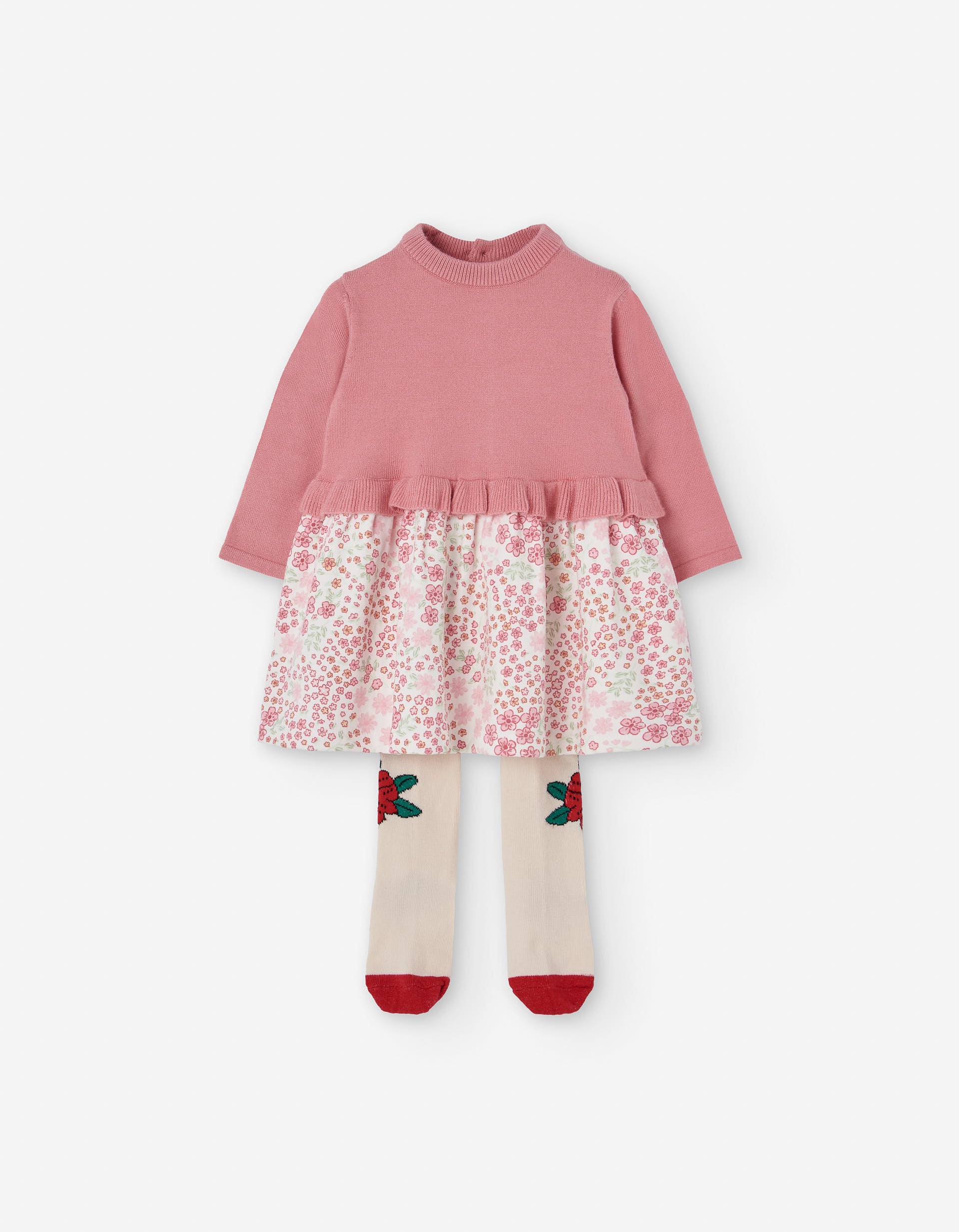 Dual-fabric dress and knitted tights for newborn girls, pink