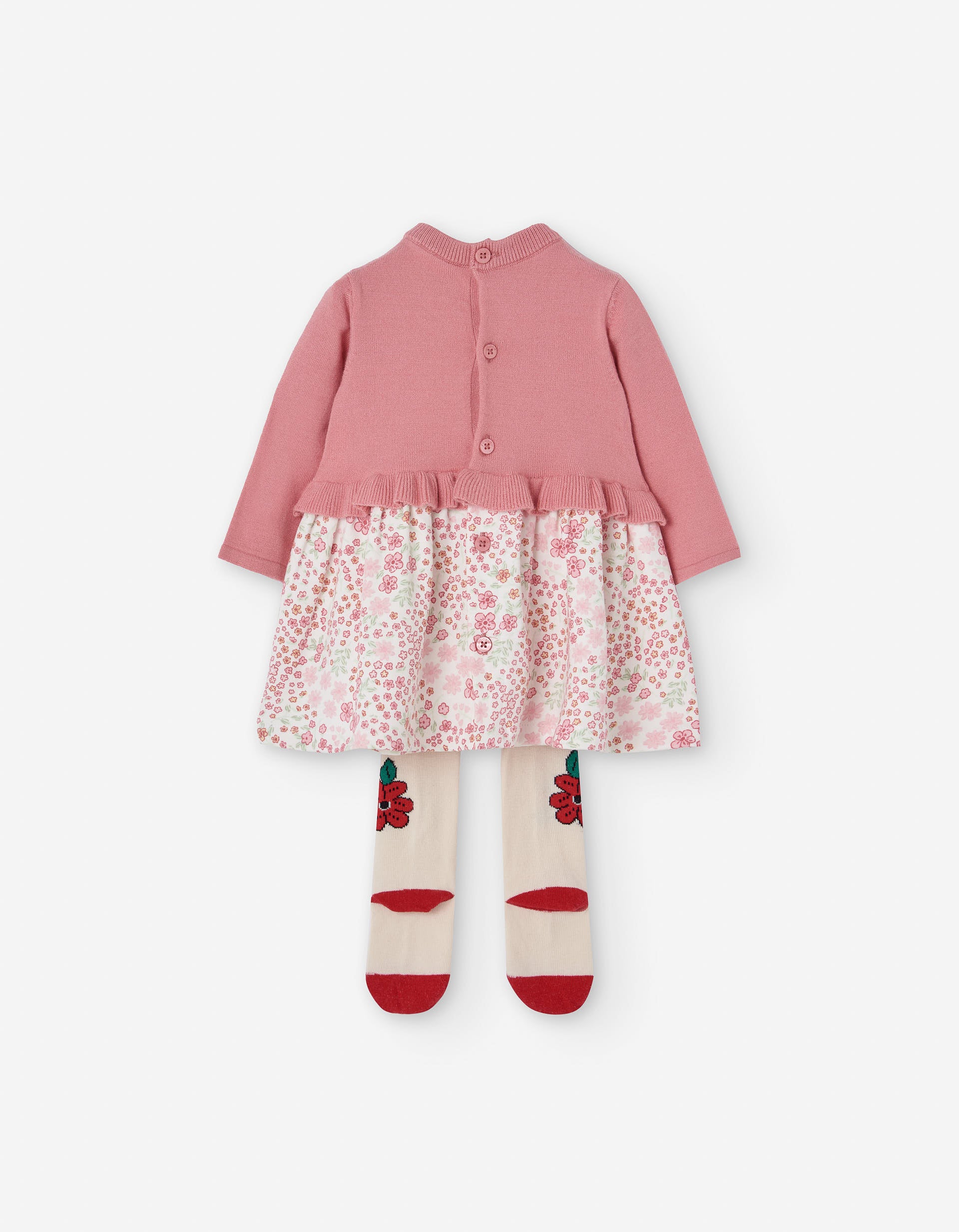 Dual-fabric dress and knitted tights for newborn girls, pink