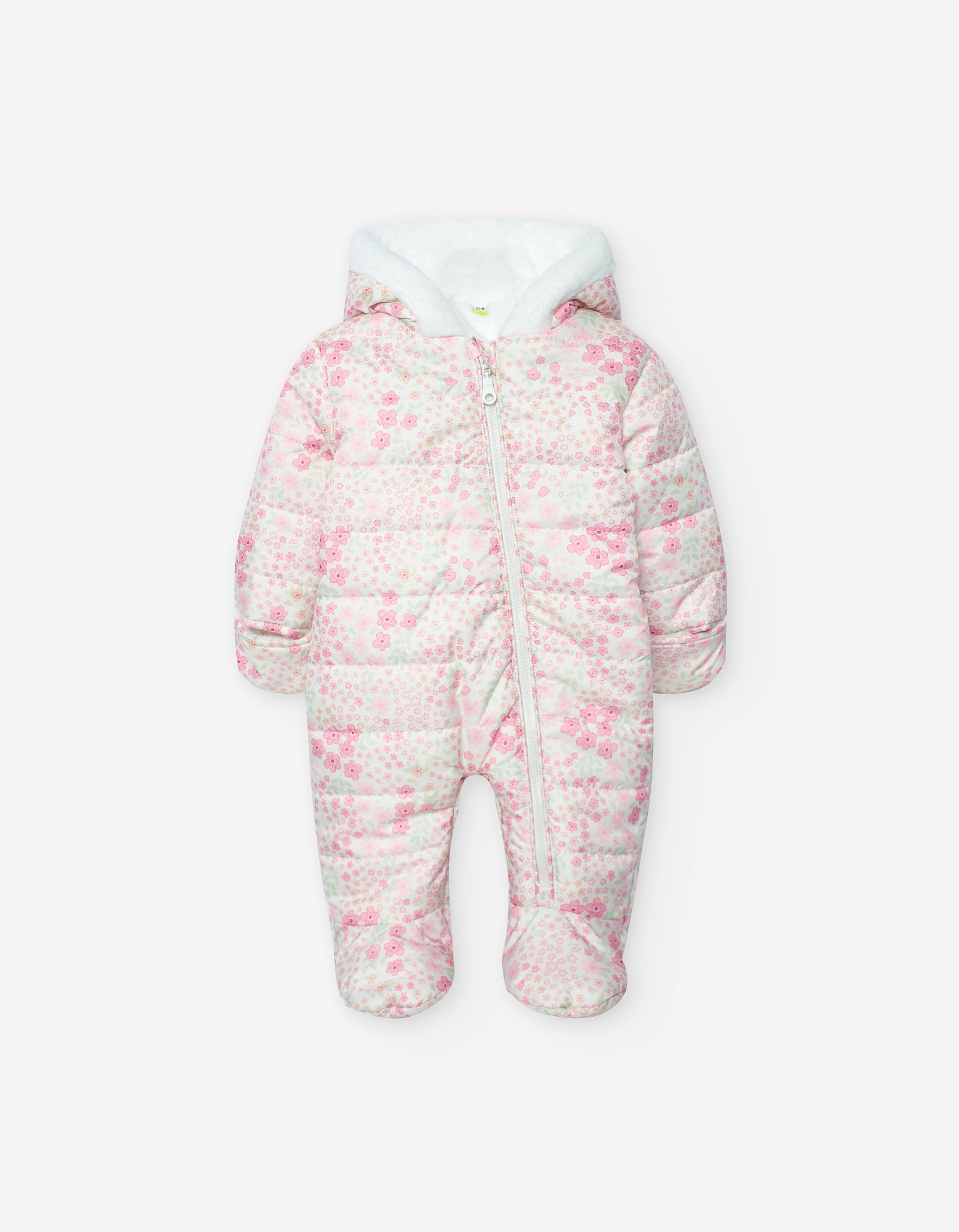 Nylon padded jumpsuit with hood for newborn girls, white/pink