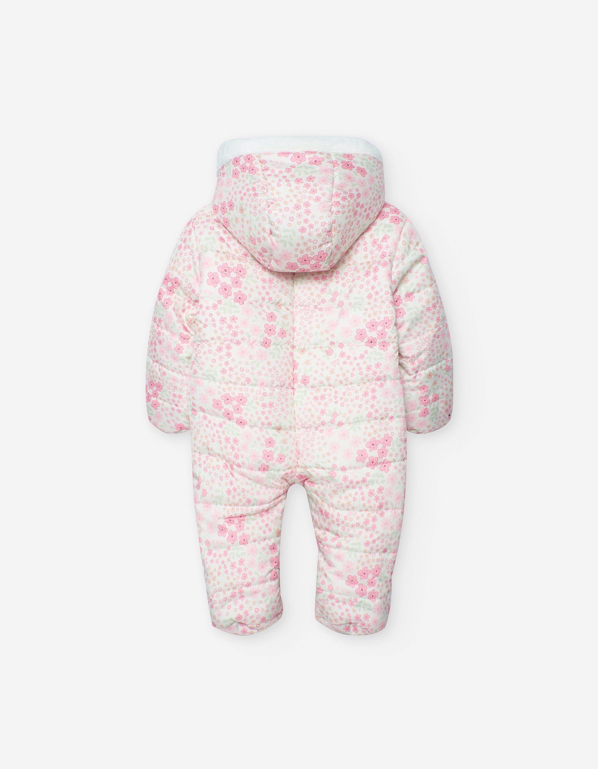 Nylon padded jumpsuit with hood for newborn girls, white/pink