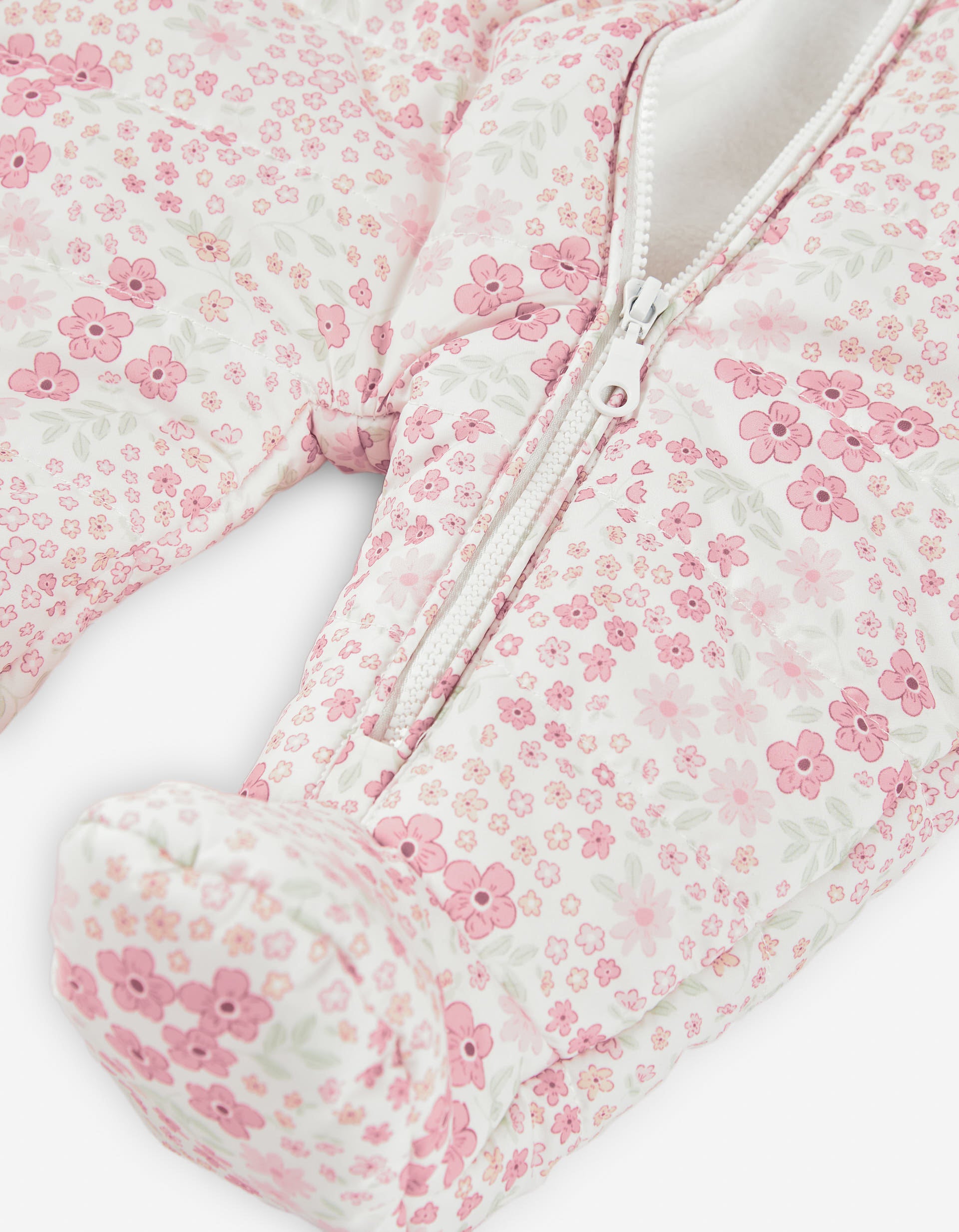 Nylon padded jumpsuit with hood for newborn girls, white/pink