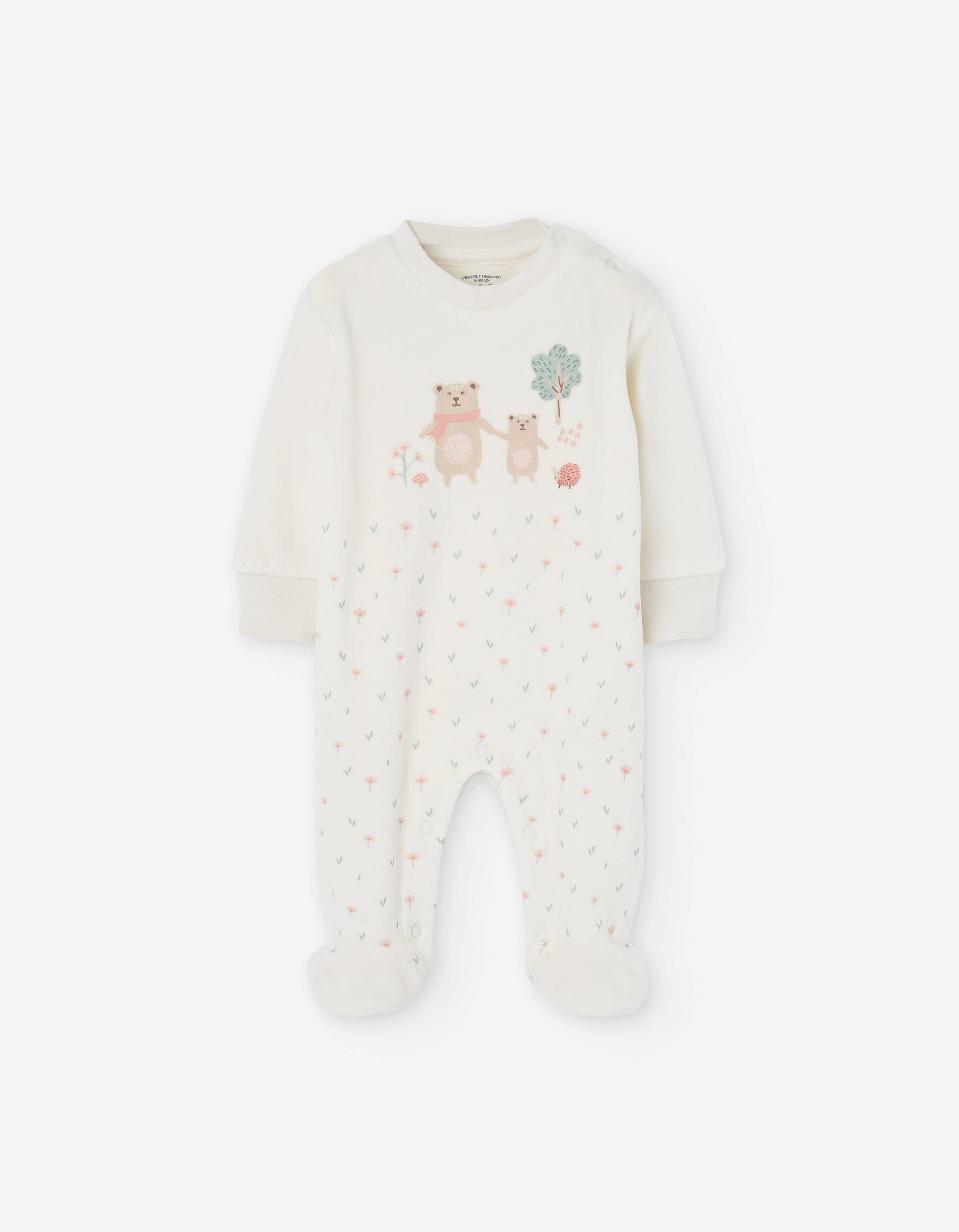 Velvet babygrow with forest elements print for newborn girls, white