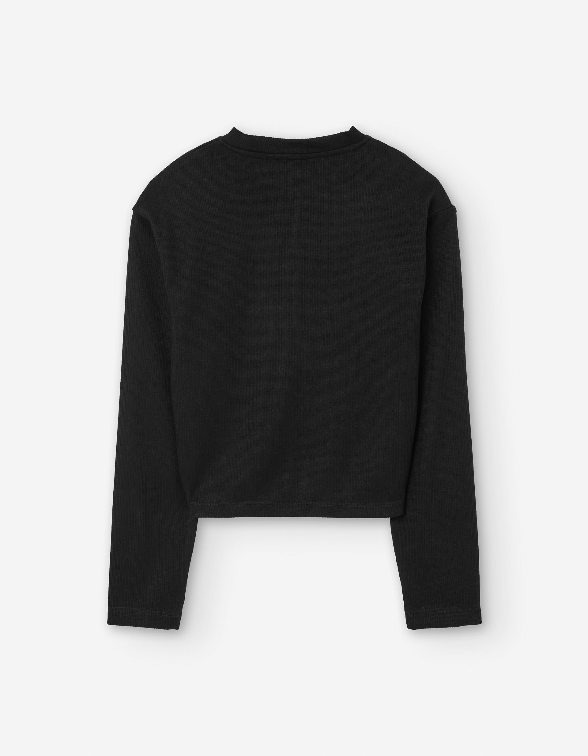 Long sleeve ribbed T-shirt with gathering effect for girls, black