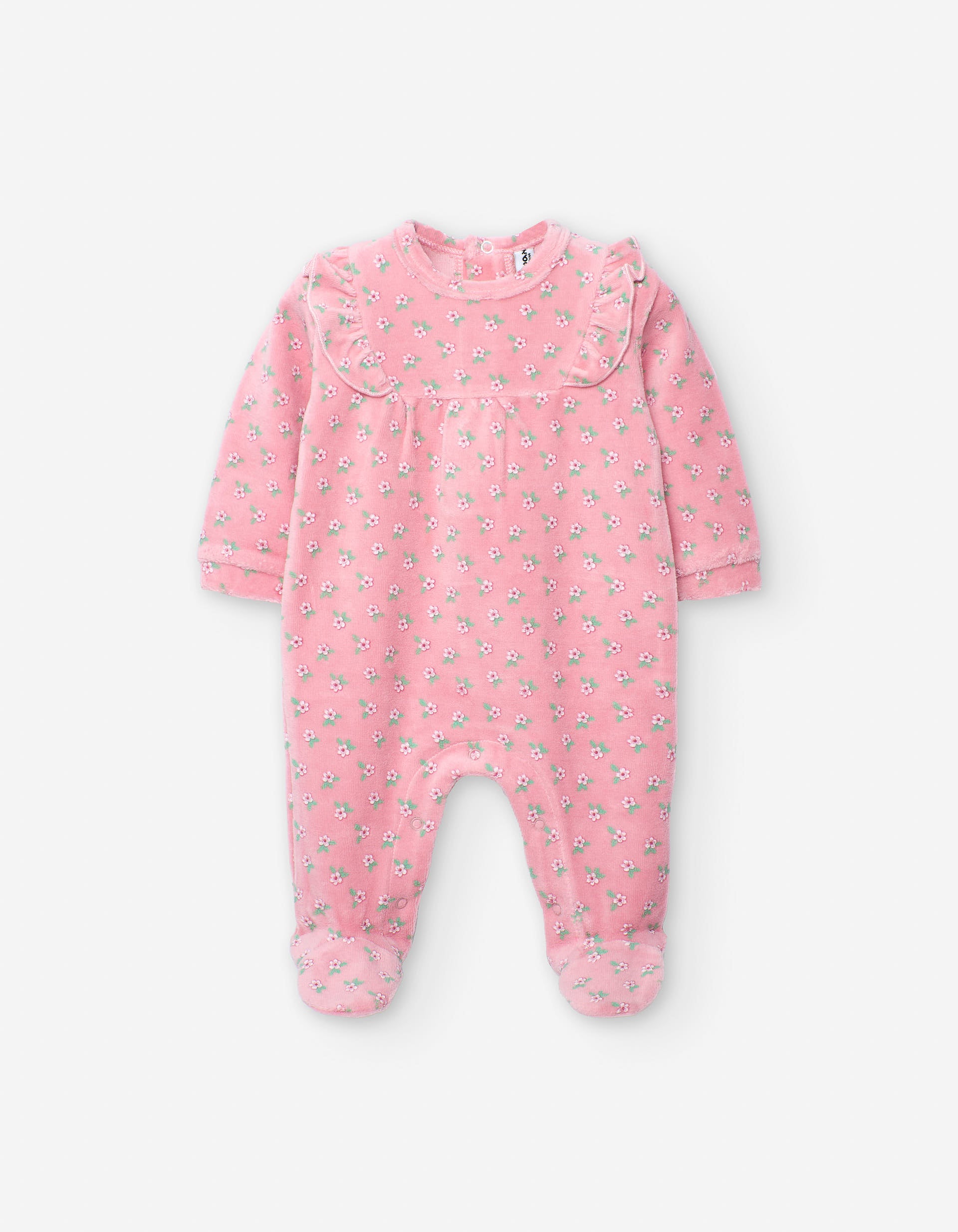 Velvet sleepsuit with floral motif for newborn girls, pink
