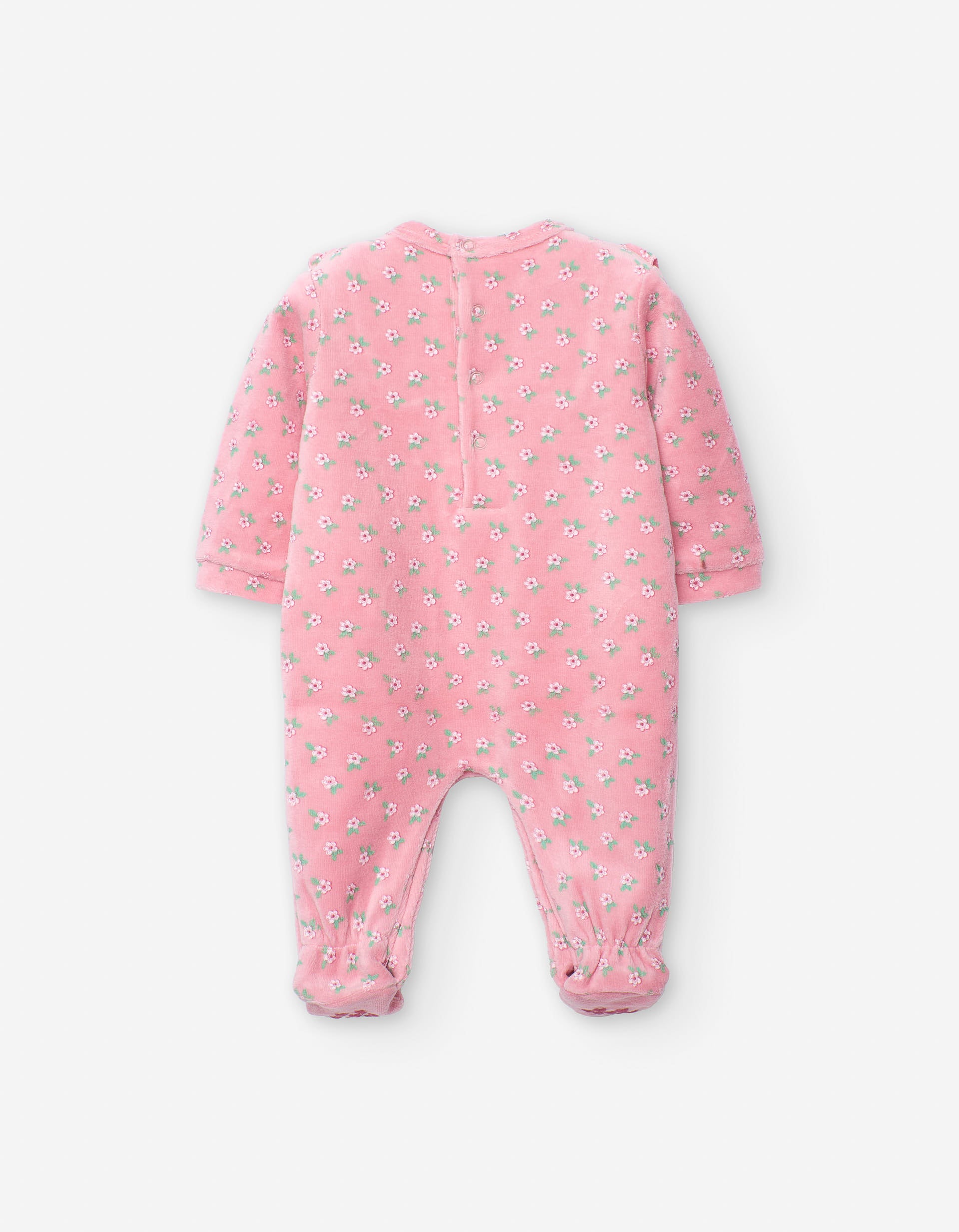 Velvet sleepsuit with floral motif for newborn girls, pink