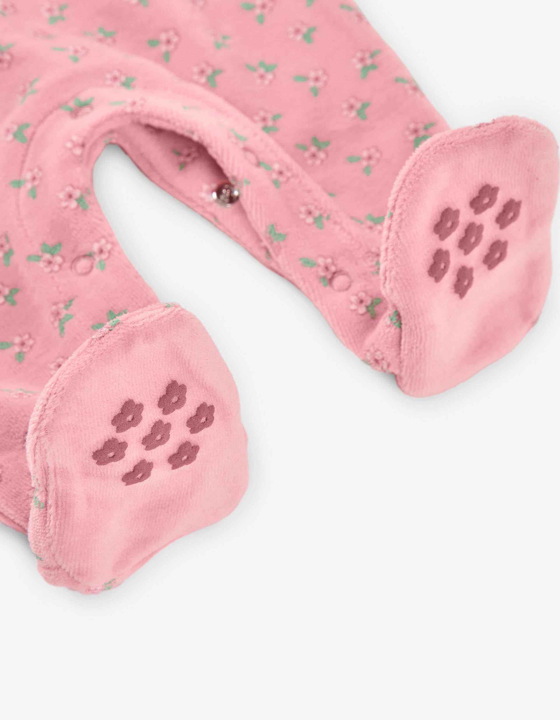 Velvet sleepsuit with floral motif for newborn girls, pink