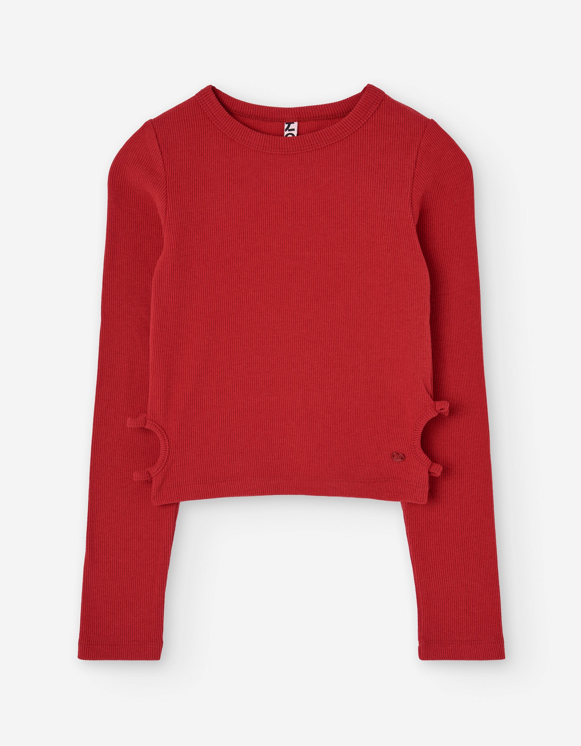 Long sleeve ribbed T-shirt with side cut-outs for girls, red