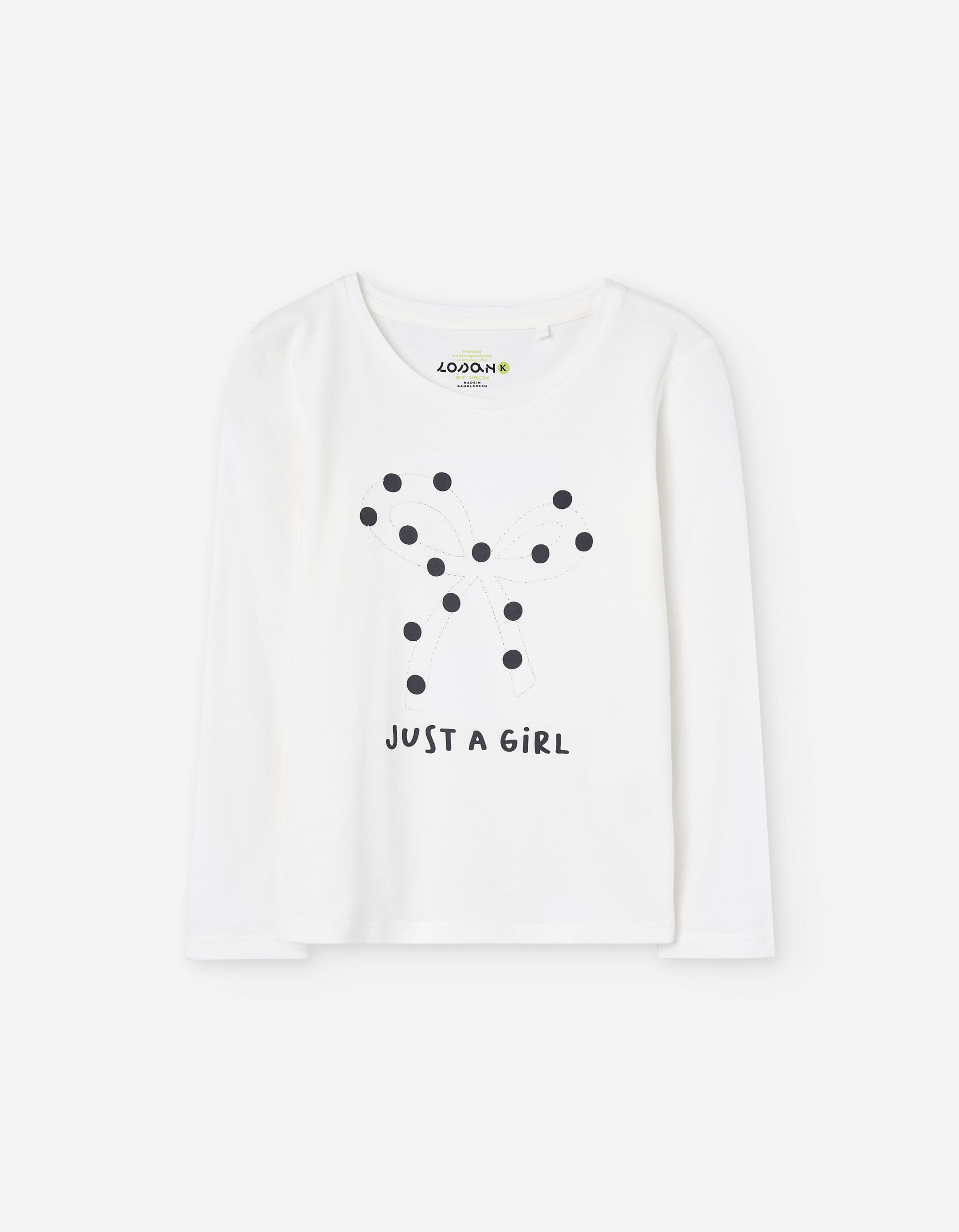 Long sleeve cotton T-shirt with bow and polka dots for girls, white