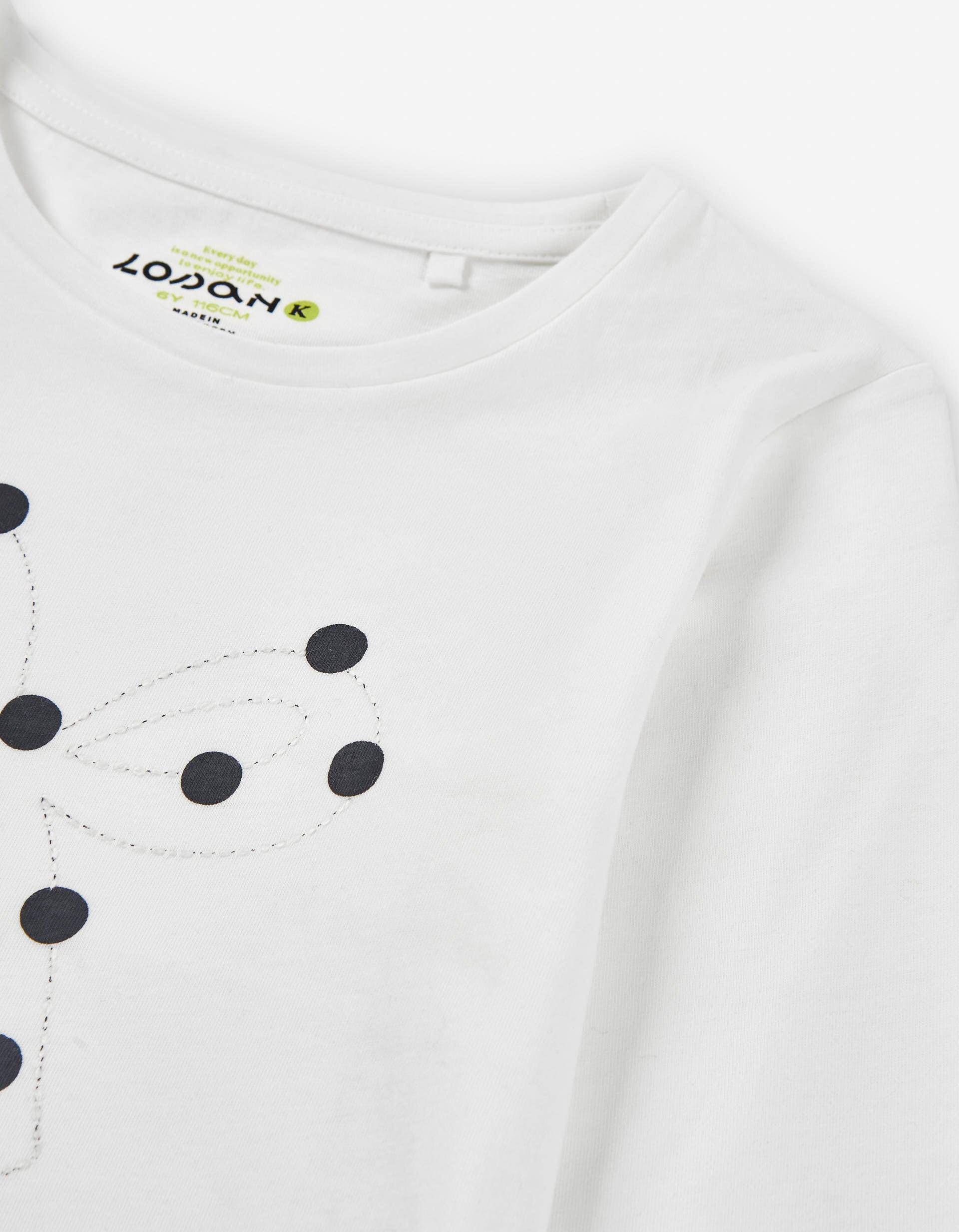 Long sleeve cotton T-shirt with bow and polka dots for girls, white