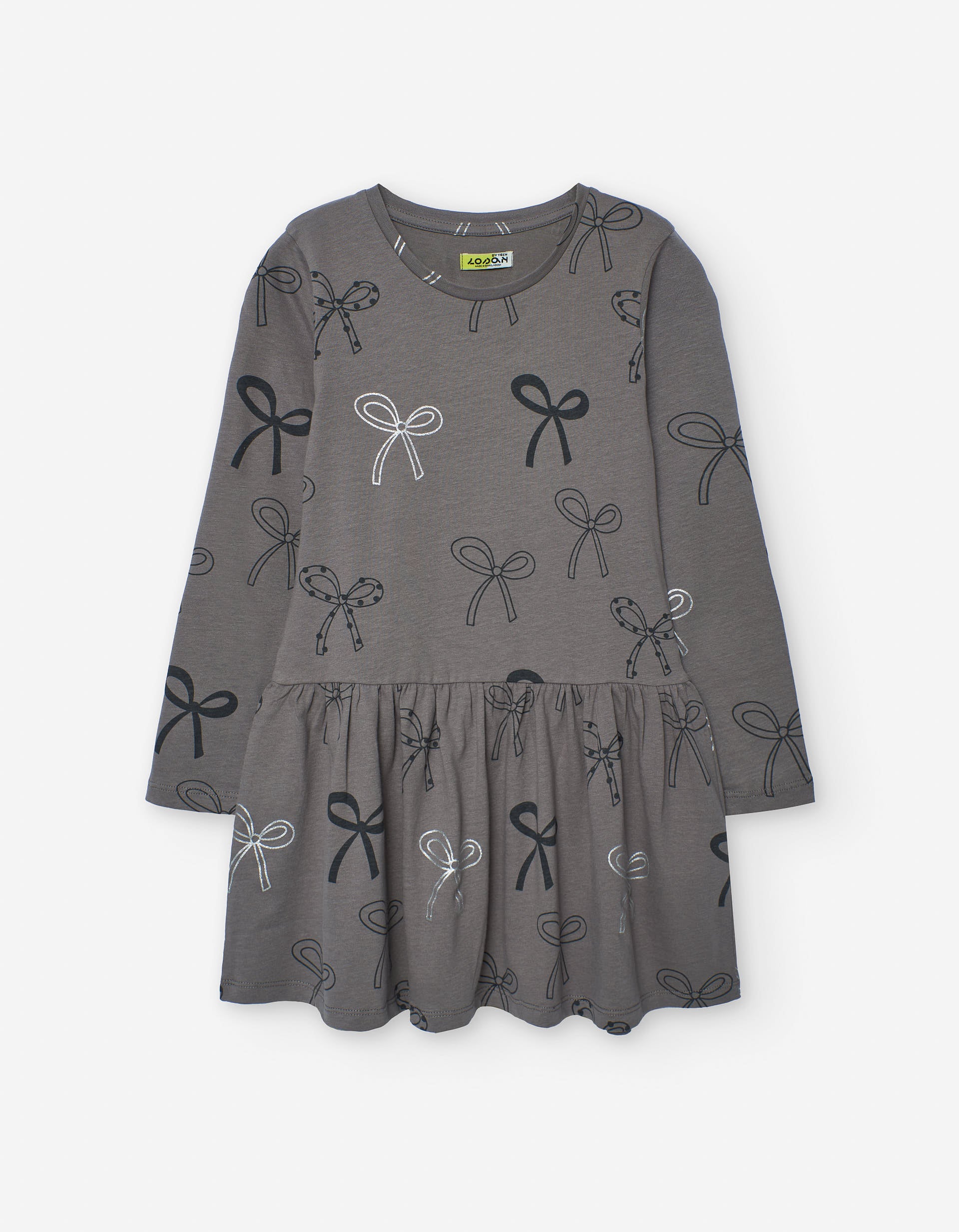 Long sleeve cotton dress with bow motif for girls, grey