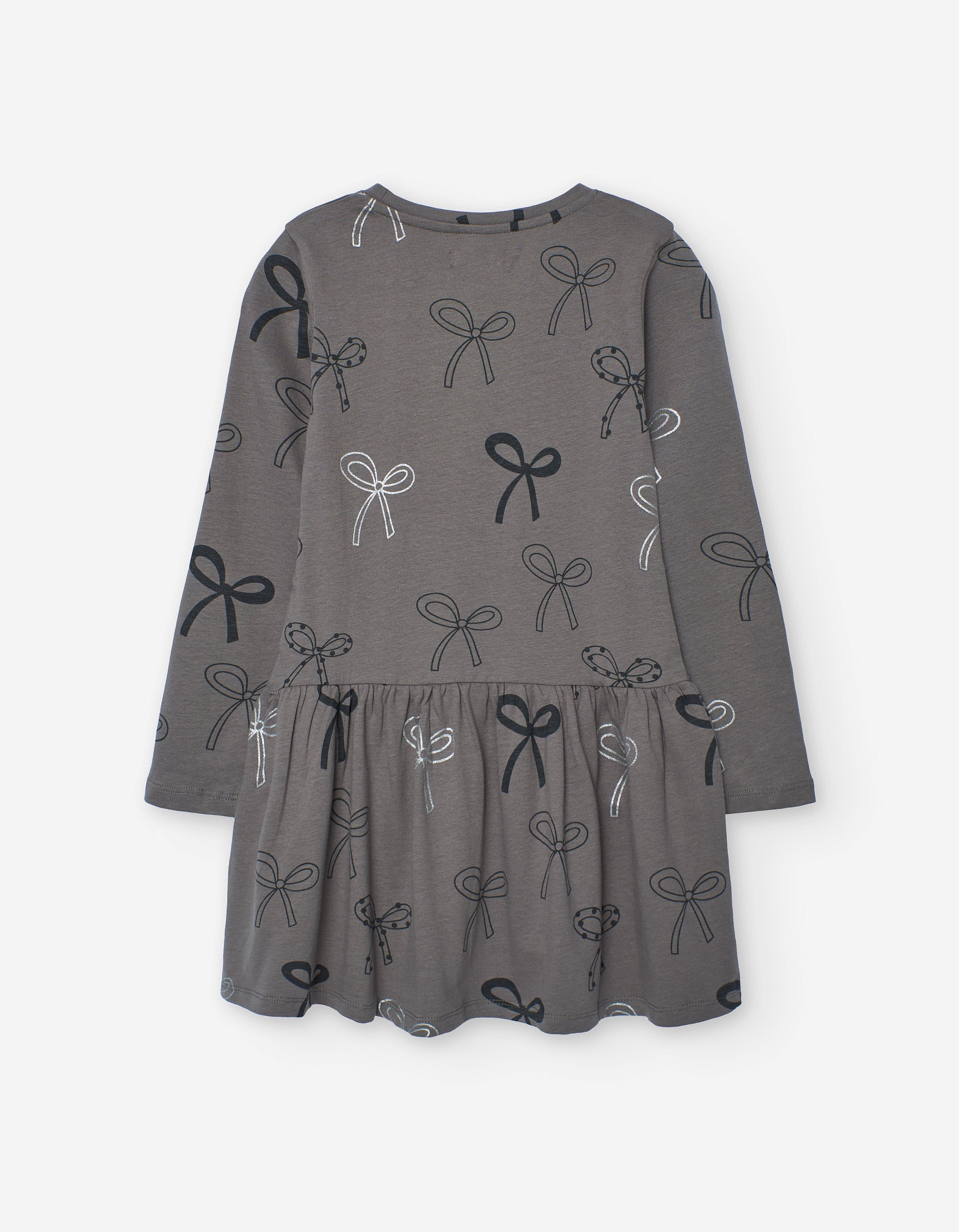 Long sleeve cotton dress with bow motif for girls, grey