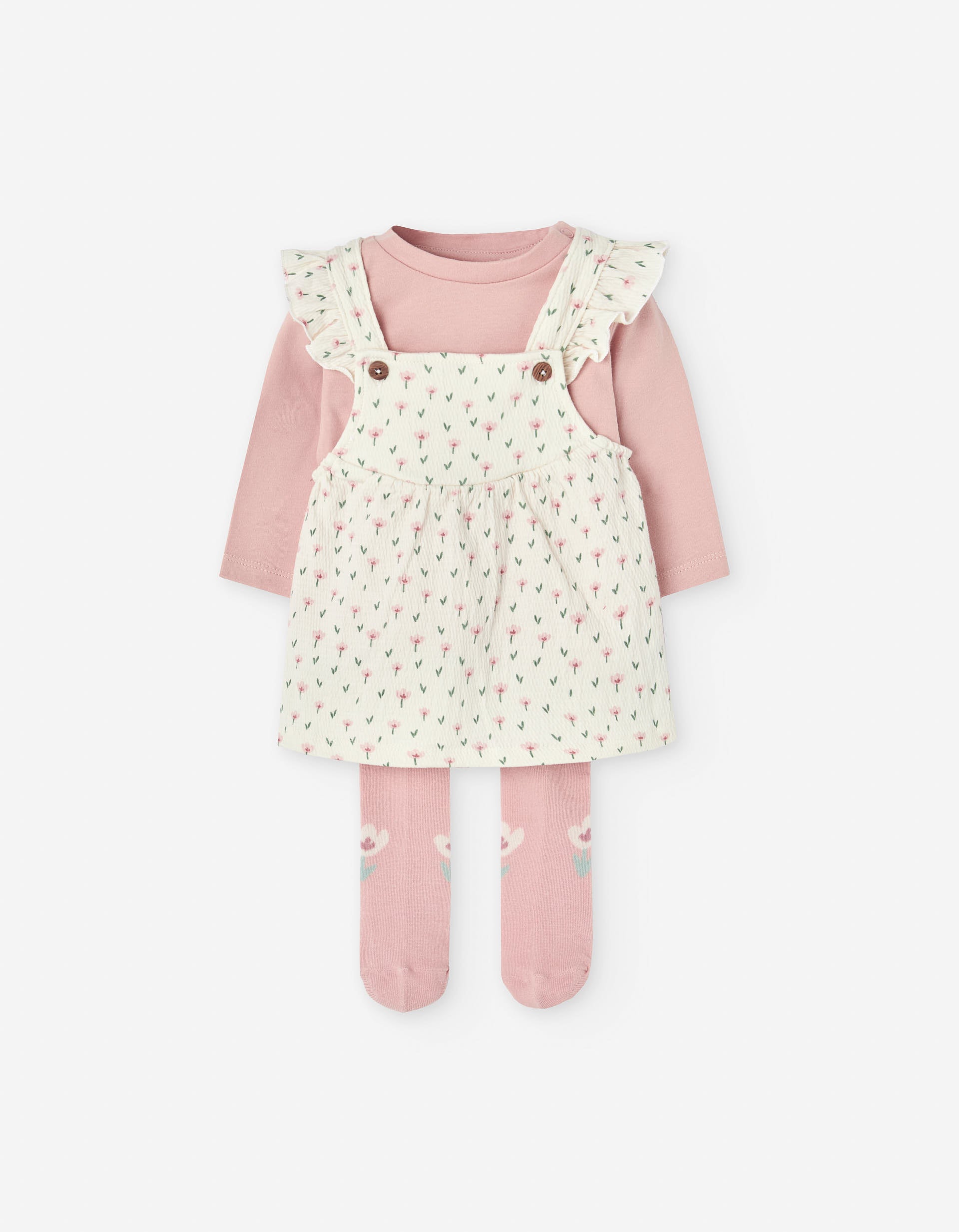 Set of T-shirt, pinafore dress and tights for newborn girls, beige/pink