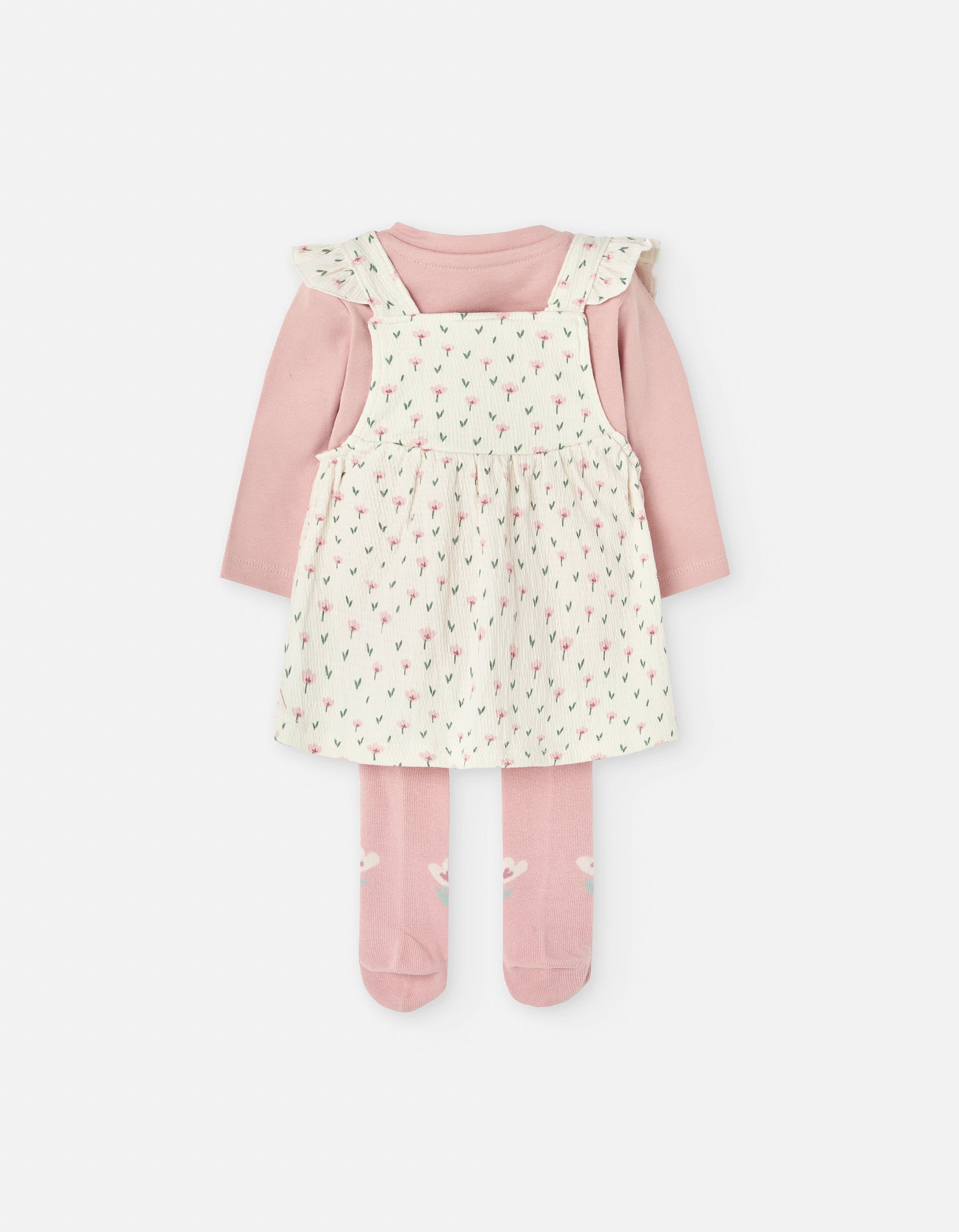 Set of T-shirt, pinafore dress and tights for newborn girls, beige/pink
