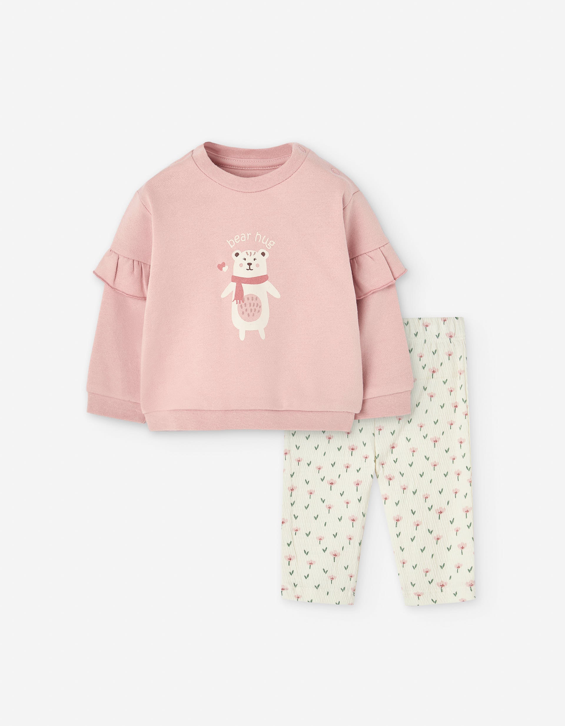 Brushed sweatshirt + floral leggings for newborn girl, pink/beige