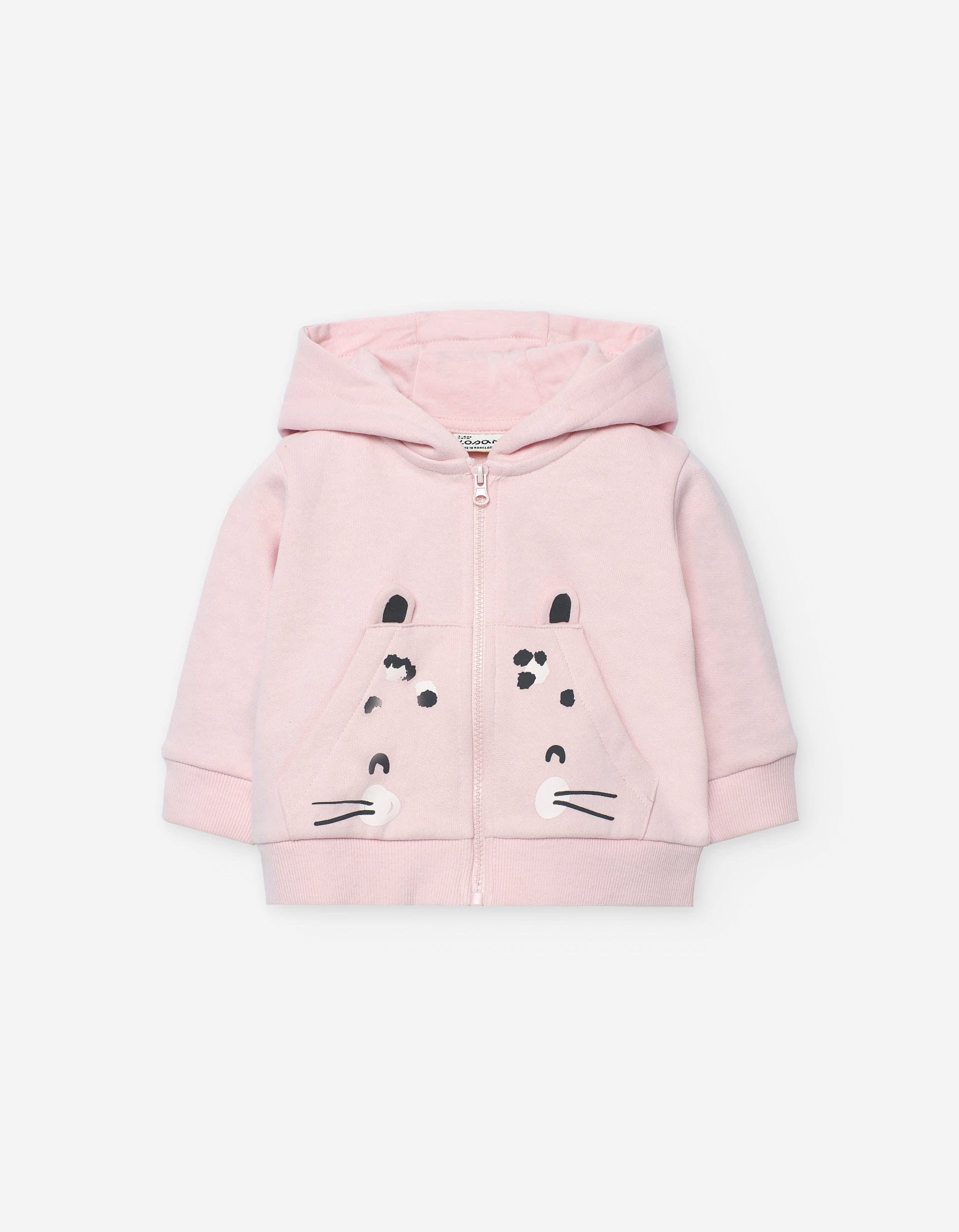 Brushed hooded jacket with cat print for baby girls, pink