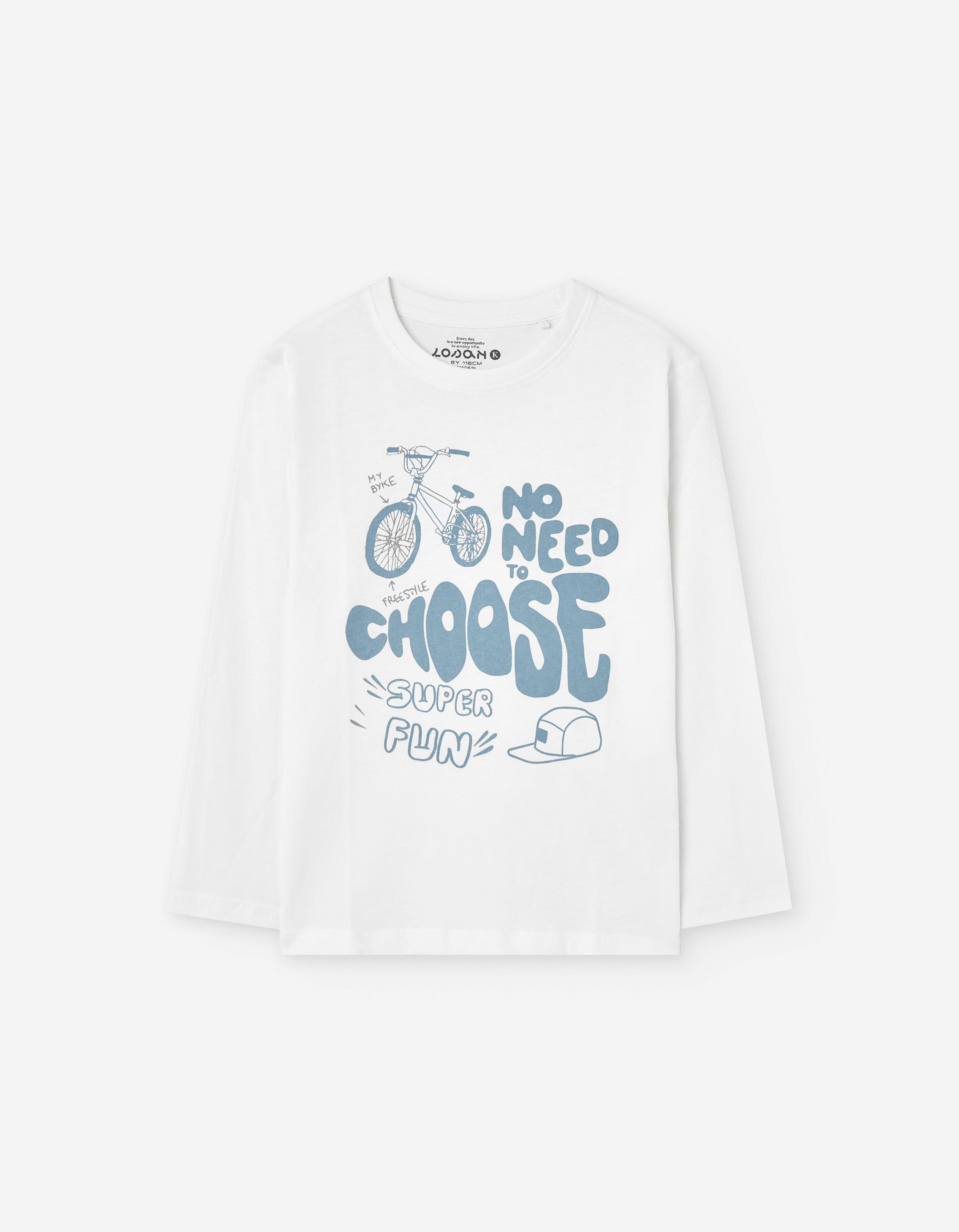 Long sleeve cotton T-shirt with bike print for boys, white/blue