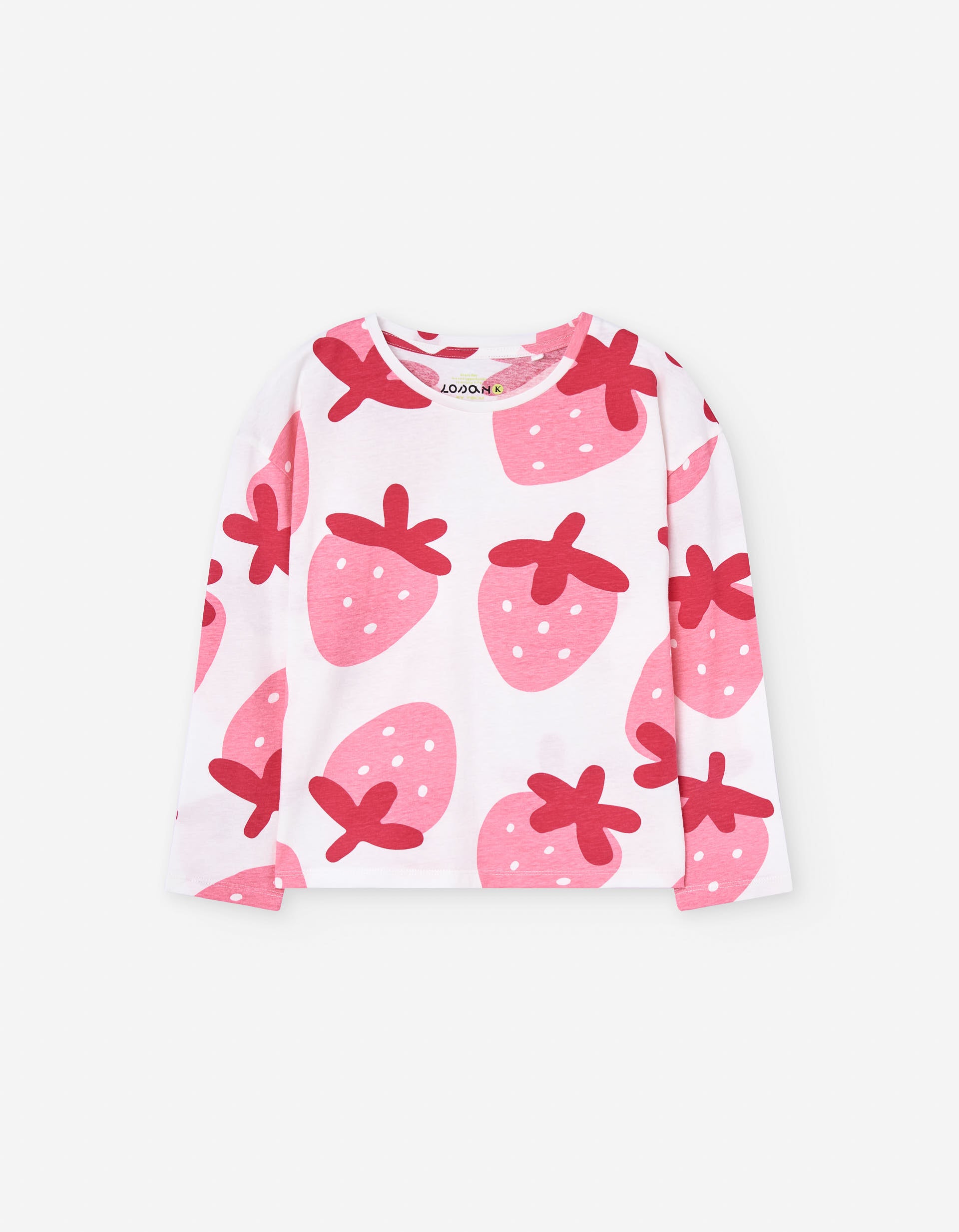 Long sleeve cotton T-shirt with strawberry motif for girls, white/pink