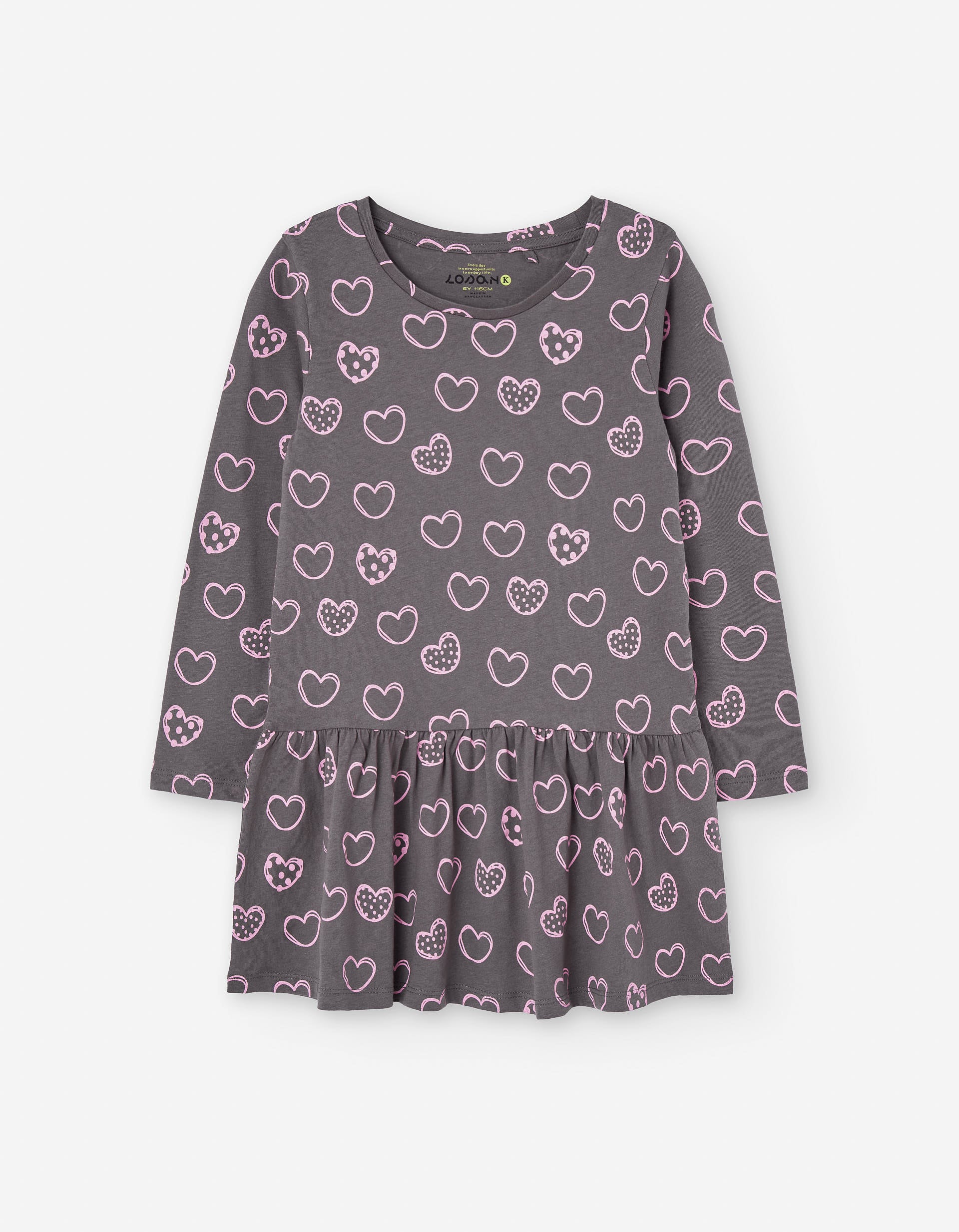 Vestido de algodão com motivo de corações para menina, cinza/rosa