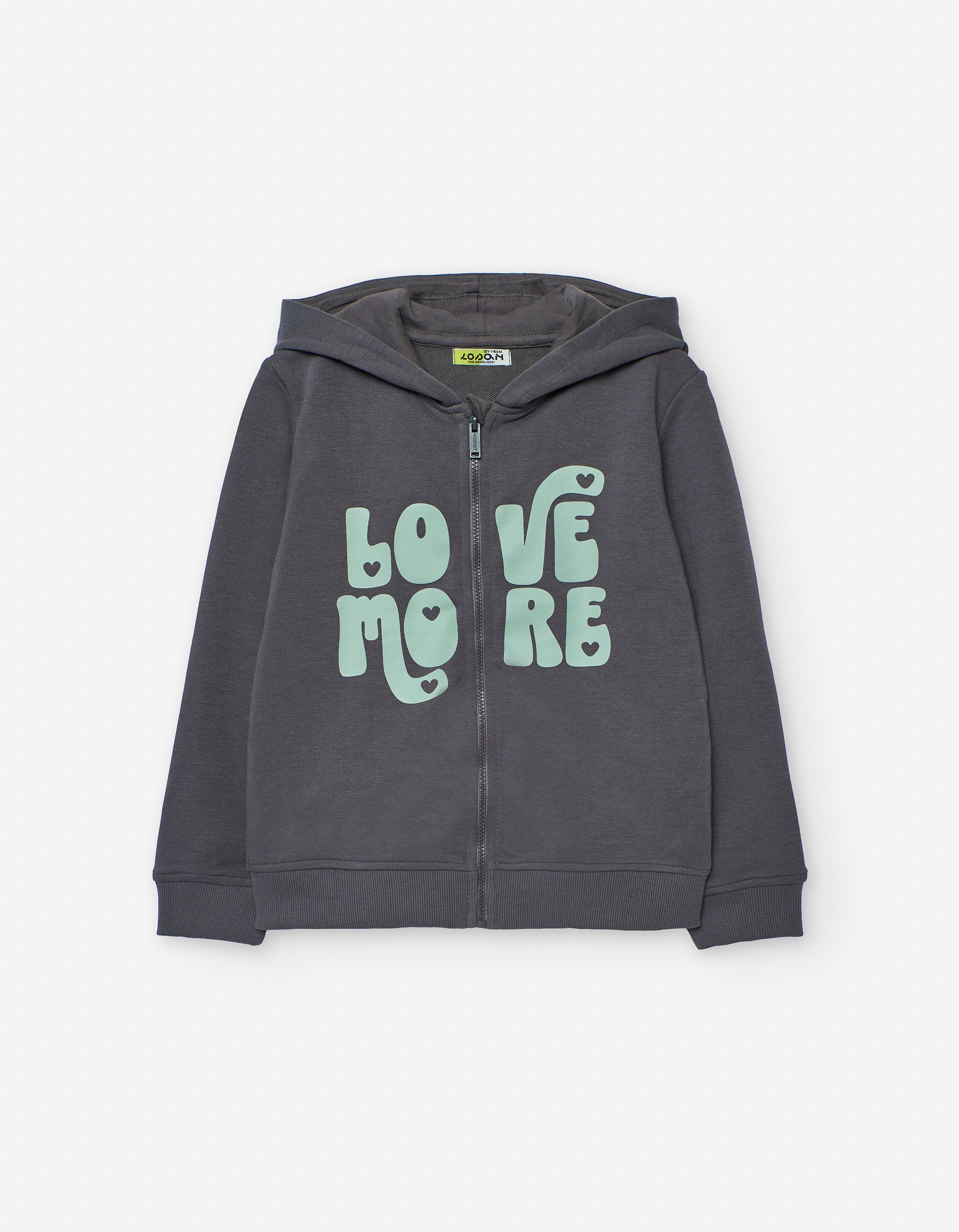 Cotton hooded jacket with Love More print for girls, dark grey