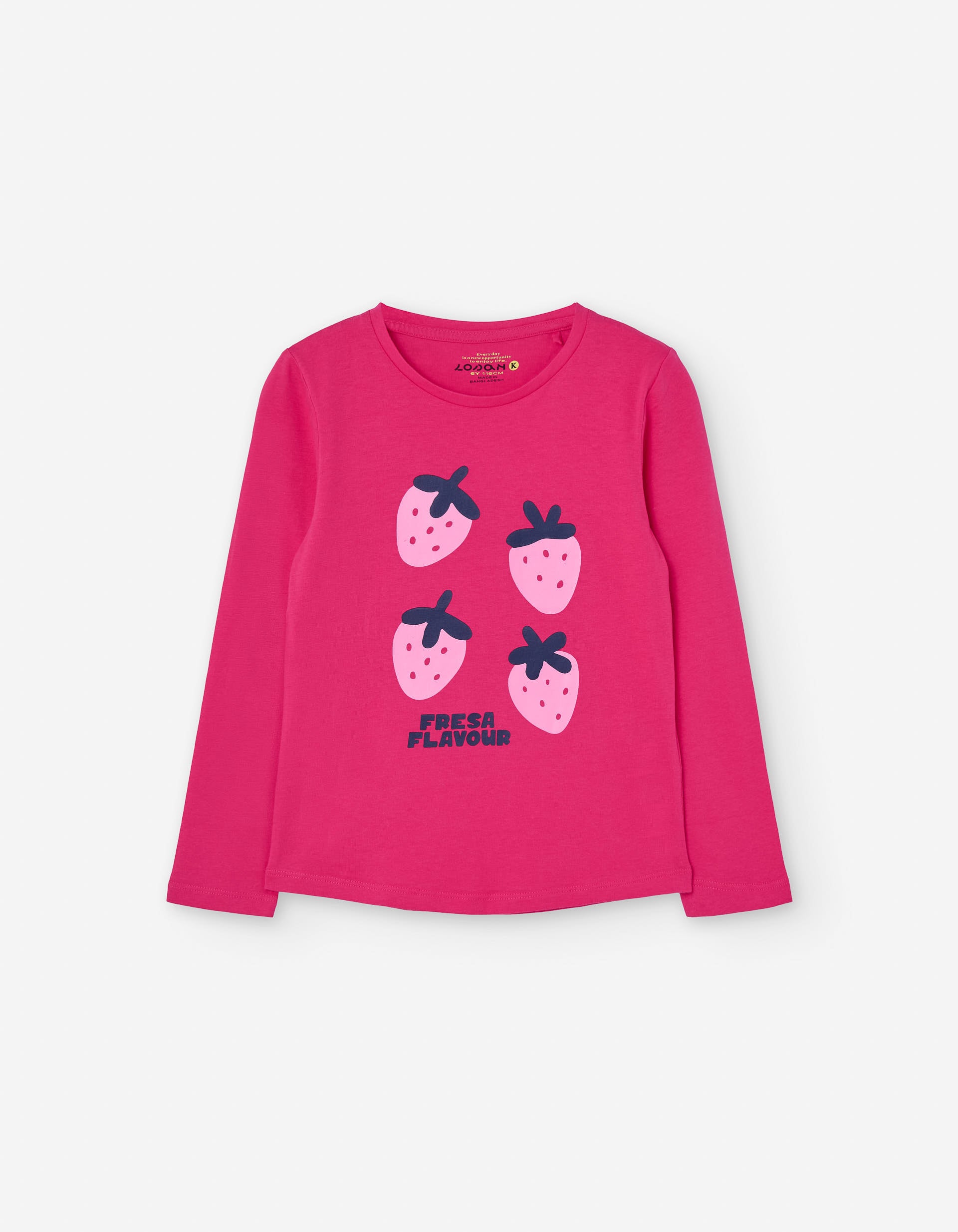 Long sleeve cotton T-shirt with strawberry print for girls, fuchsia pink