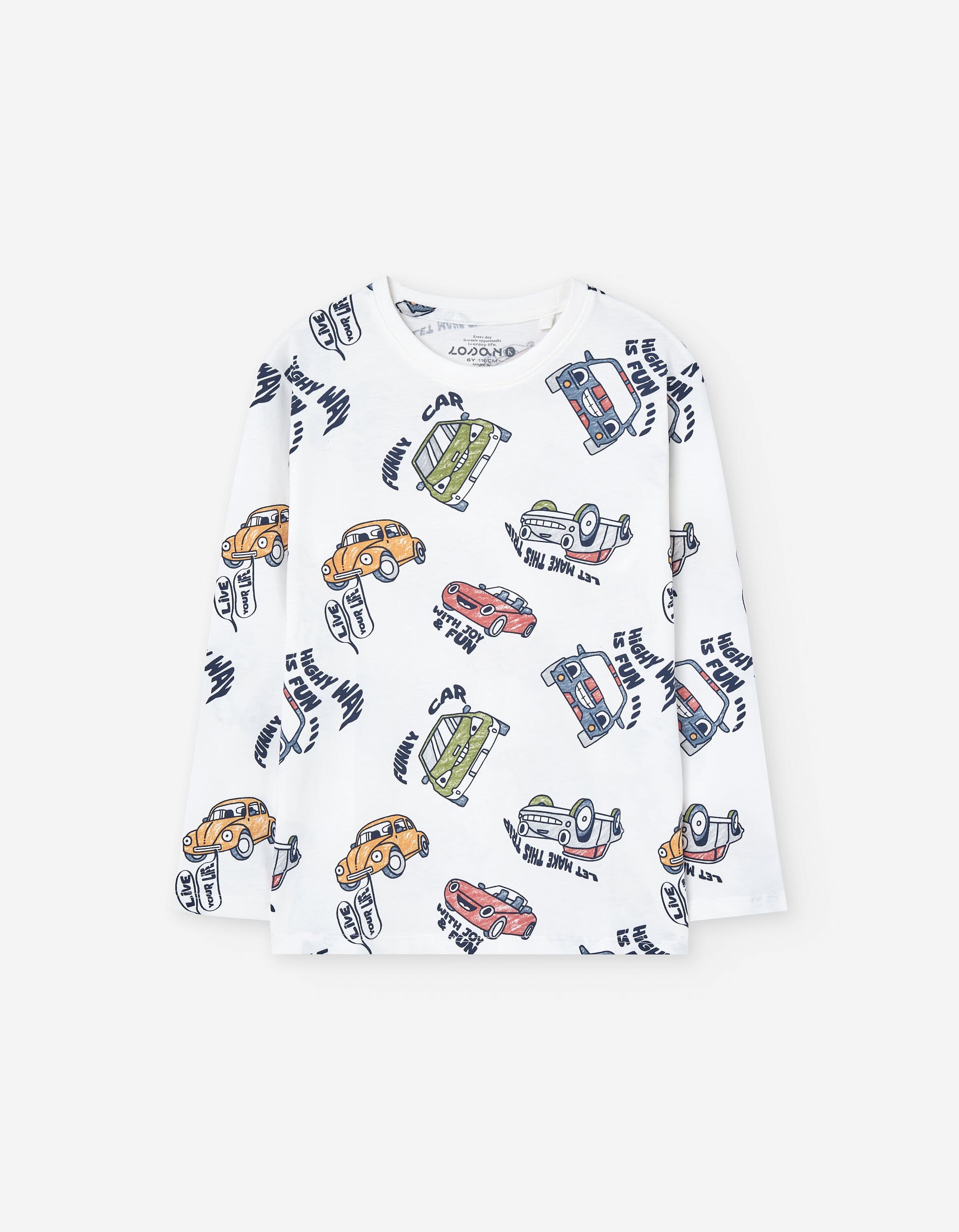 Long sleeve cotton T-shirt with car motif for boys, white