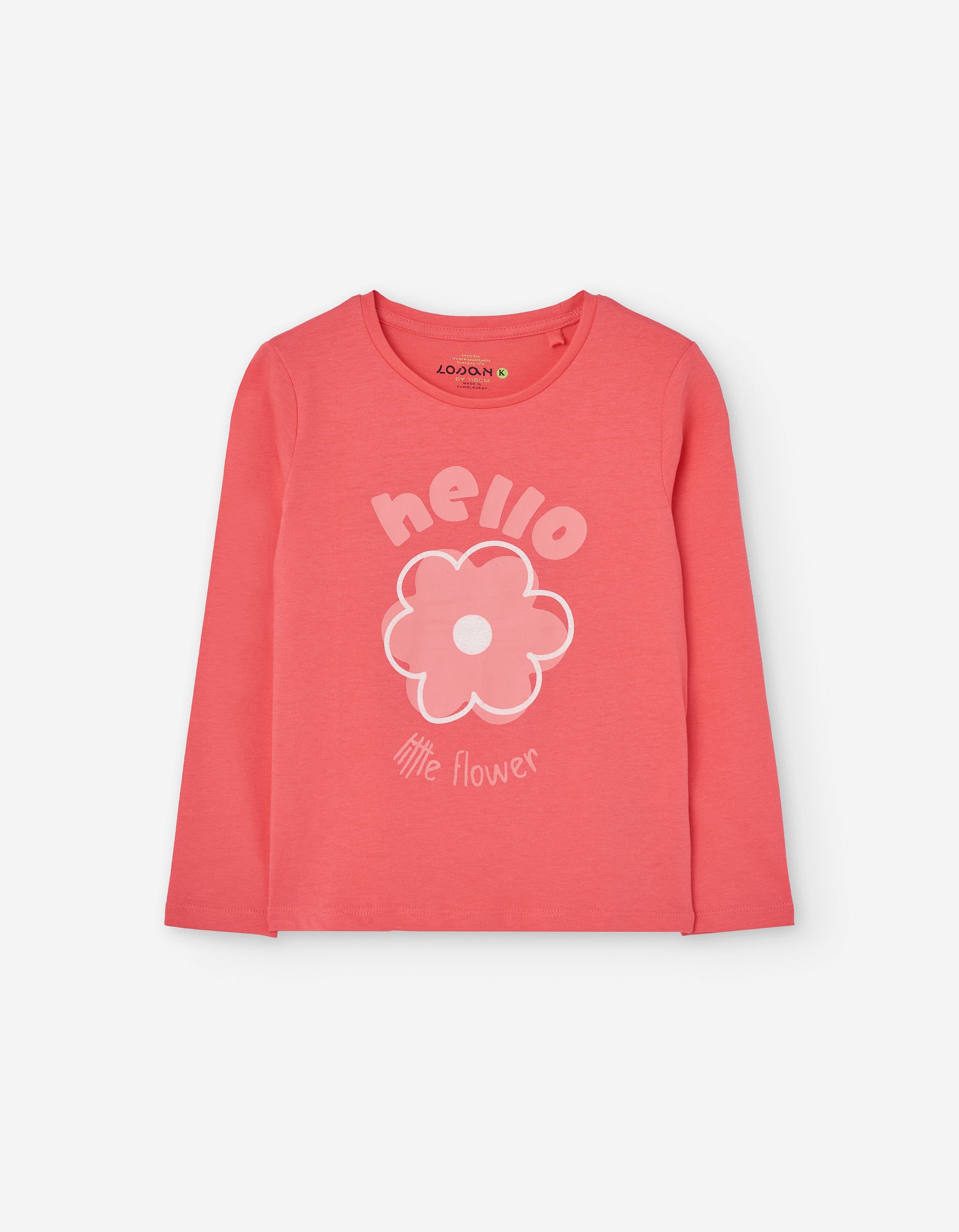 Long sleeve cotton T-shirt with flower print for girls, salmon orange