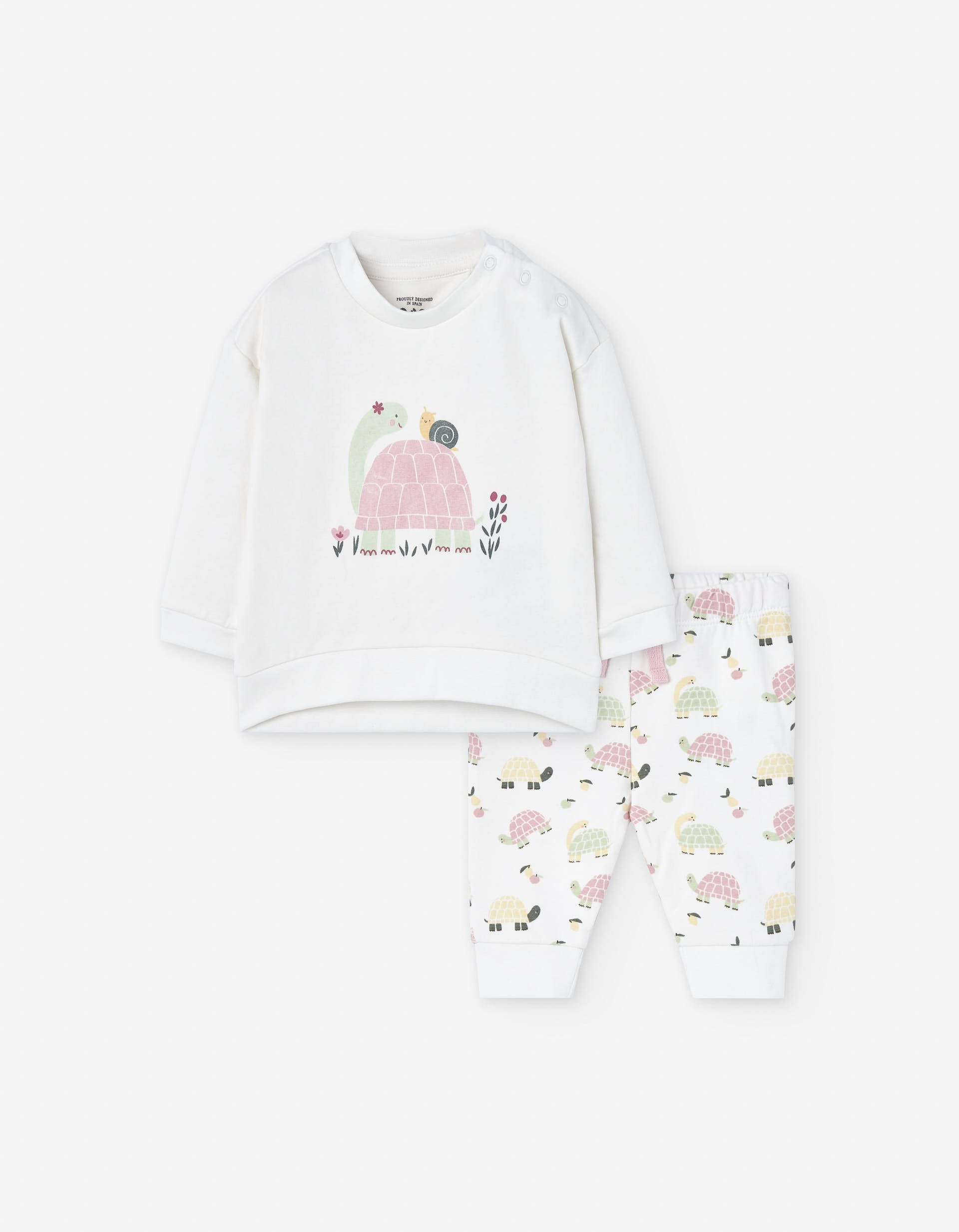 Brushed sweatshirt and trousers with turtles for newborn girls, white