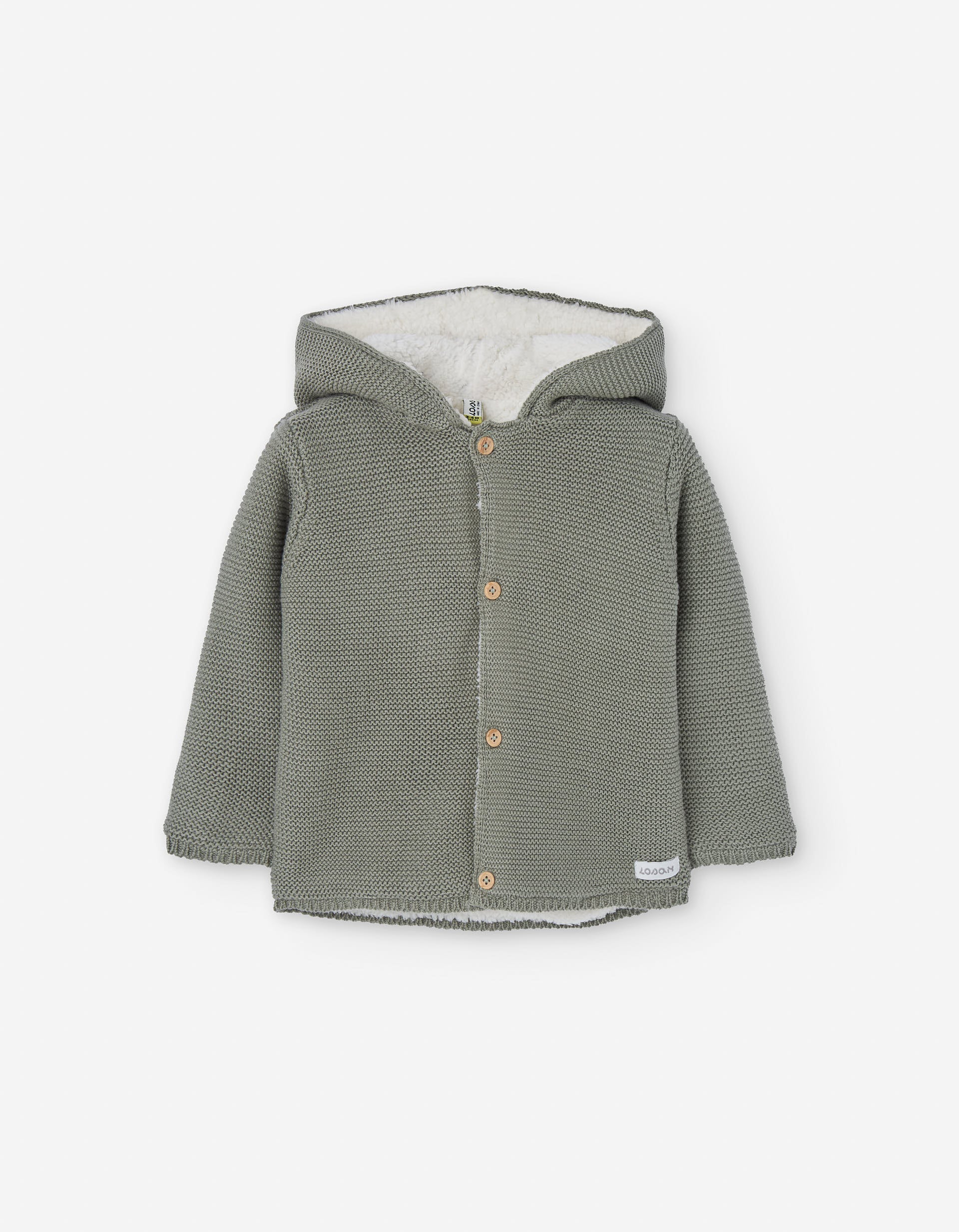 Hooded knitted jacket with sherpa lining for newborn, green
