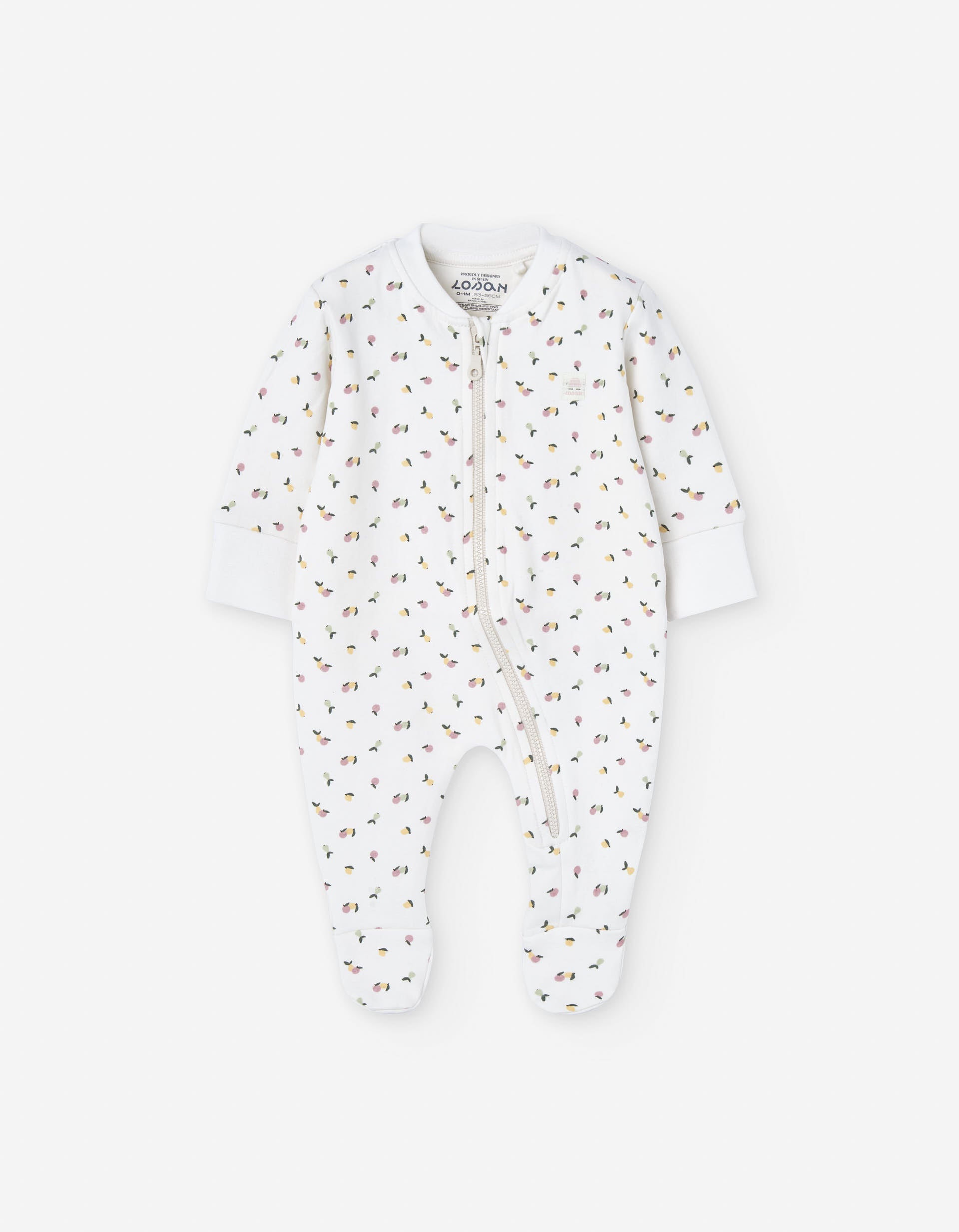 Brushed sleepsuit with fruit motif for newborn girls, light beige