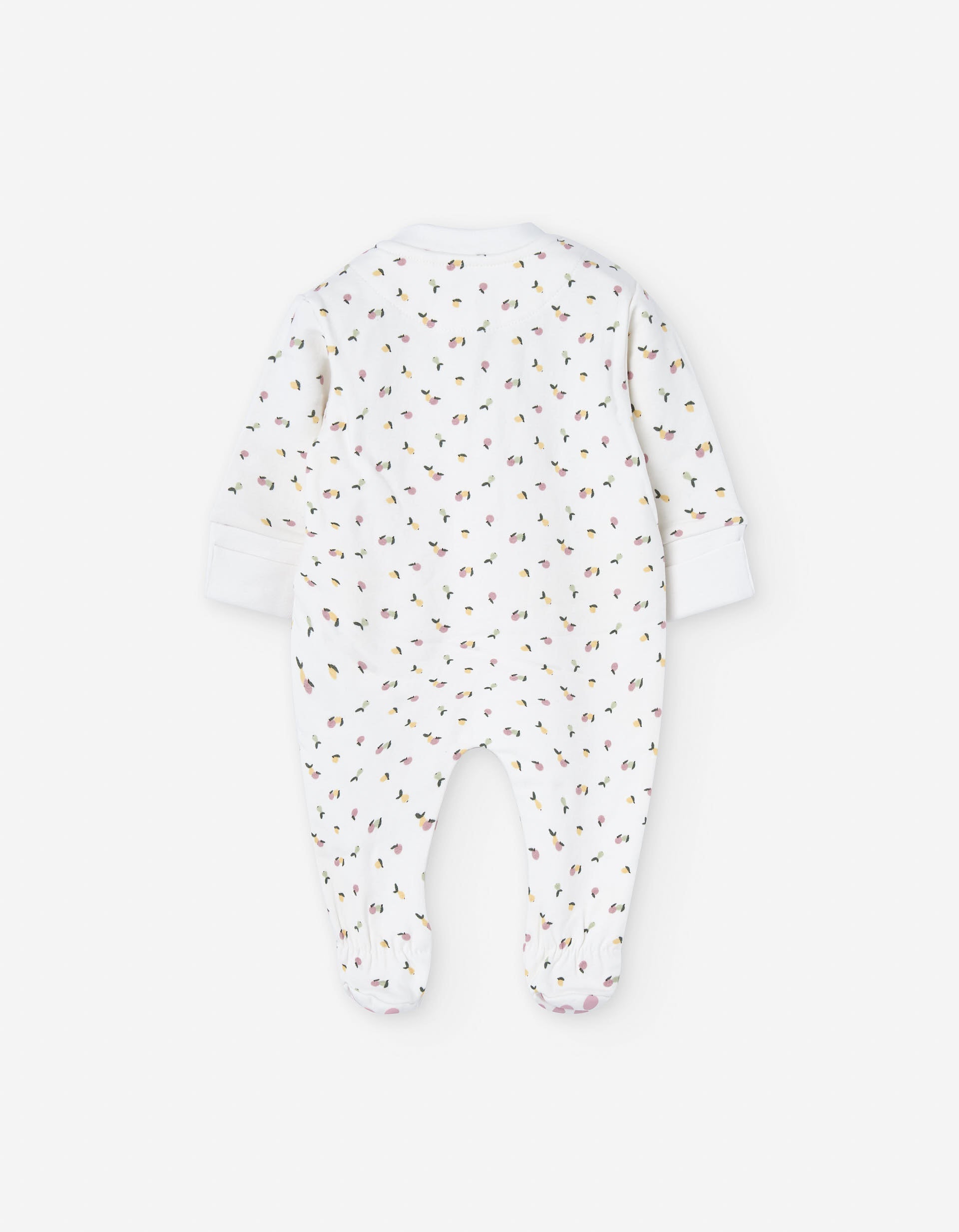 Brushed sleepsuit with fruit motif for newborn girls, light beige