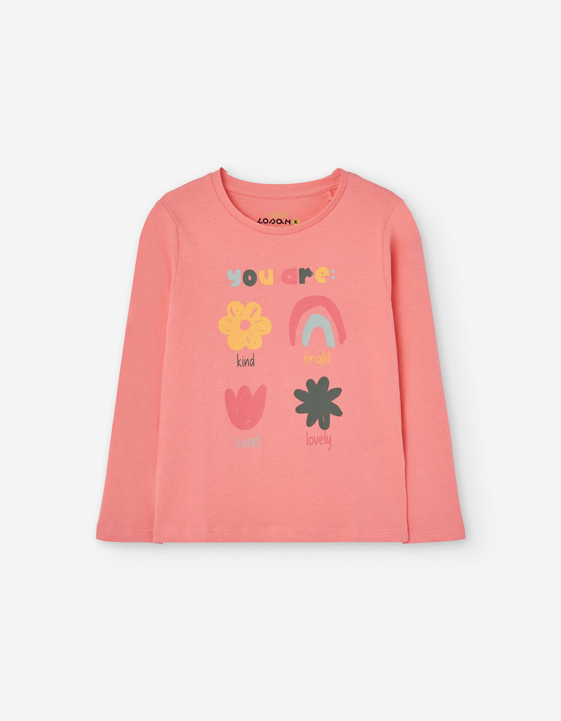 Long sleeve cotton T-shirt with front print for girls, salmon orange