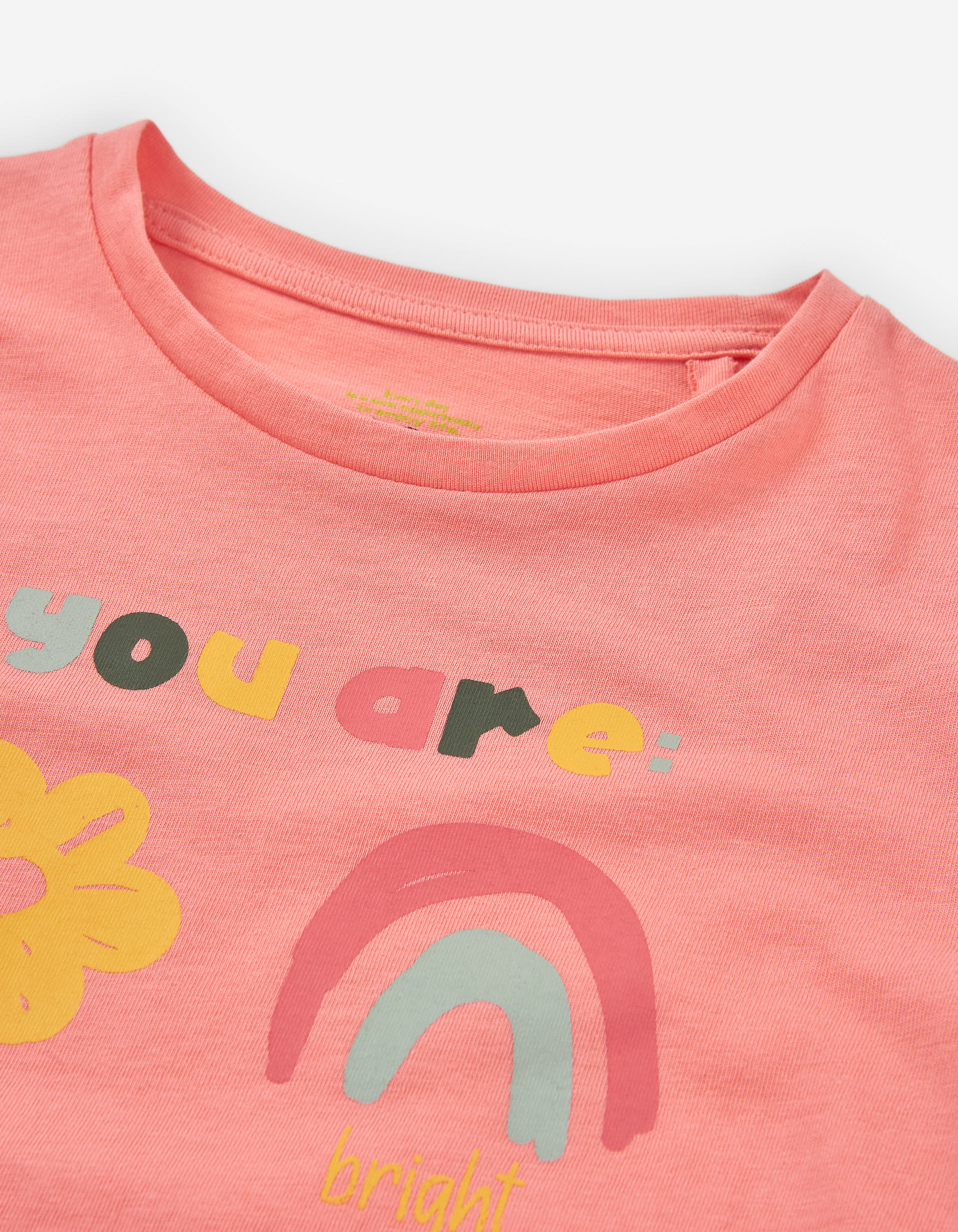 Long sleeve cotton T-shirt with front print for girls, salmon orange